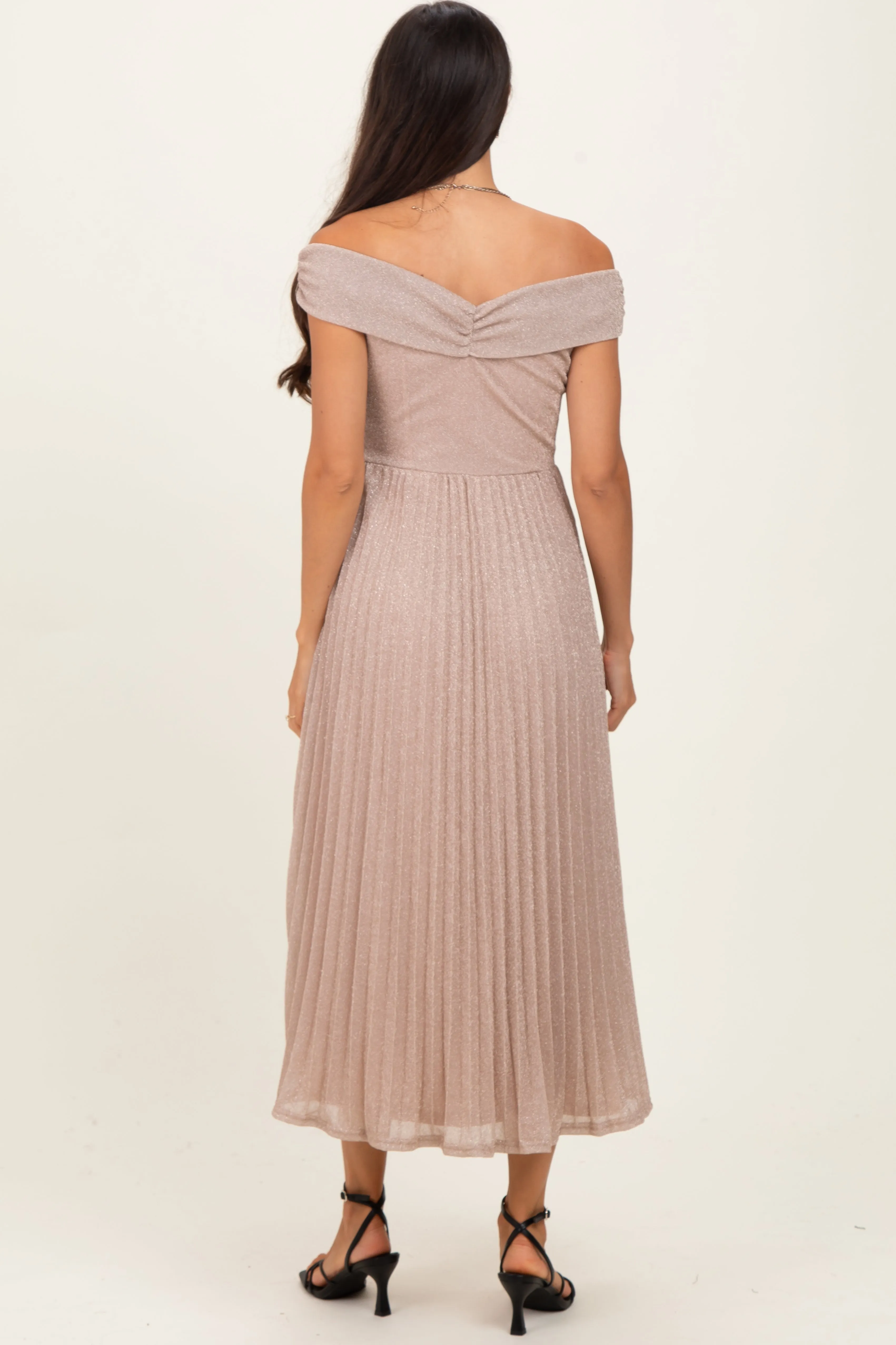 Beige Shimmer Off Shoulder Pleated Midi Dress sold by Pinkblush product image thumbnail 3