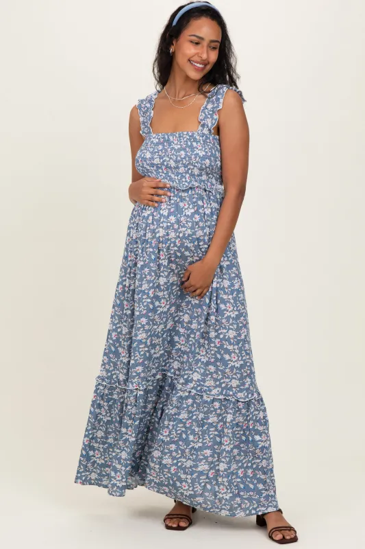 Blue Floral Smocked Ruffle Accent Maternity Maxi Dress sold by Pinkblush