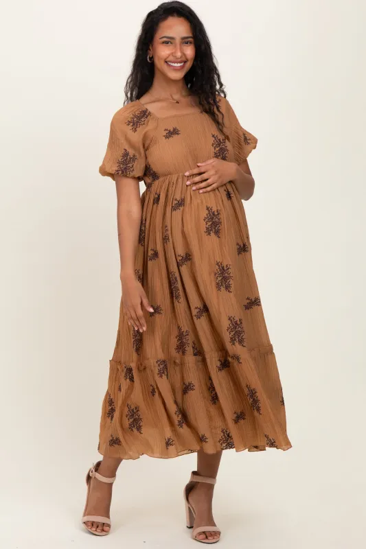 Taupe Floral Embroidered Puff Sleeve Maternity Midi Dress sold by Pinkblush