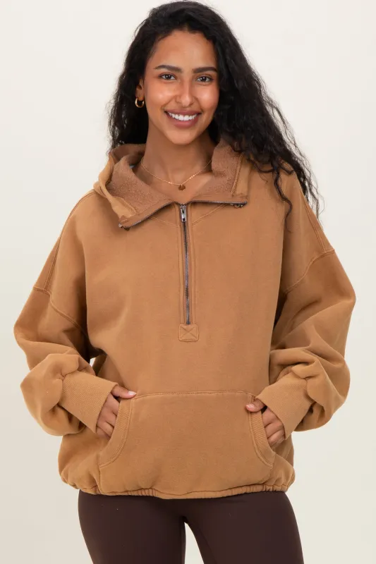 Mocha Fleece Half Zip Drop Shoulder Maternity Hoodie sold by Pinkblush