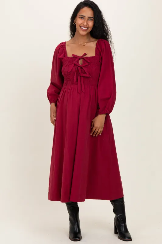 Burgundy Bow Detail Smocked Maternity Midi Dress sold by Pinkblush