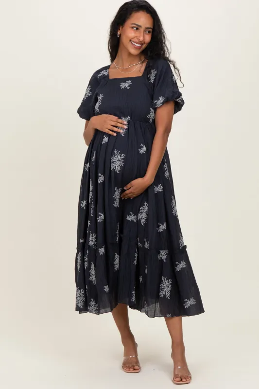 Navy Floral Embroidered Puff Sleeve Maternity Midi Dress sold by Pinkblush