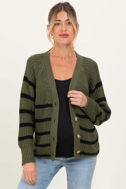 Olive Striped Chunky Knit Maternity Button Cardigan sold by Pinkblush