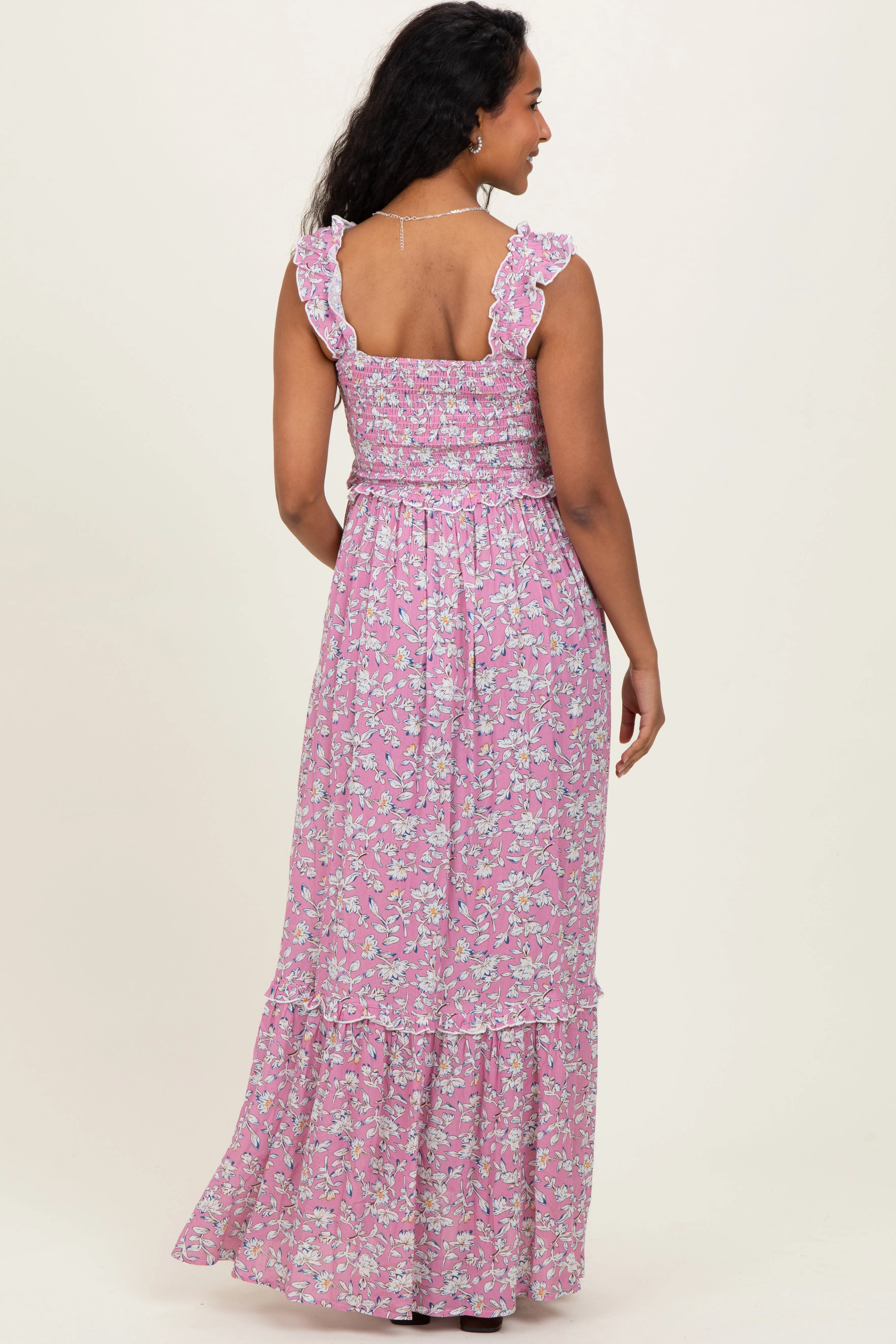 Mauve Floral Smocked Ruffle Accent Maternity Maxi Dress sold by Pinkblush product image thumbnail 4