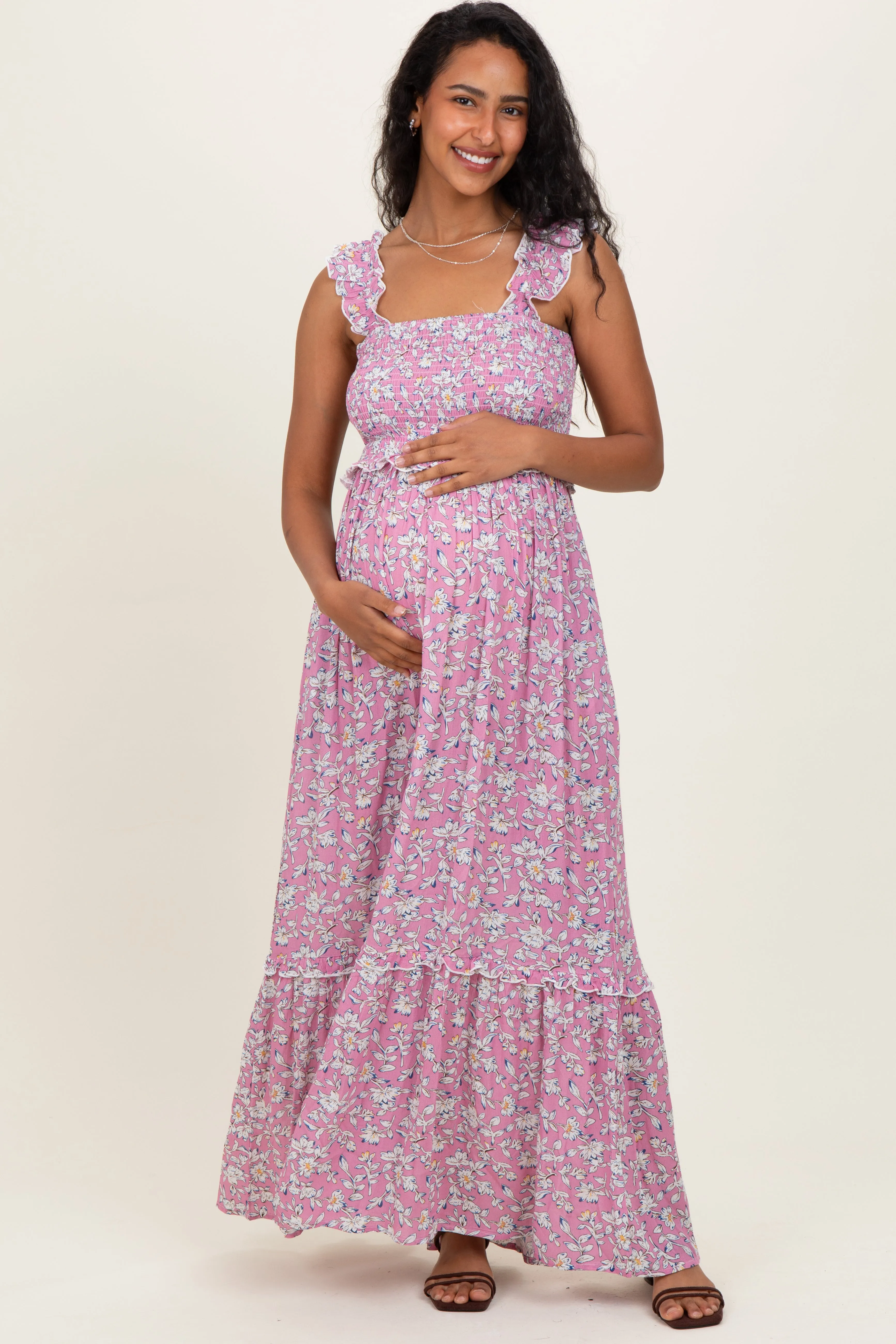 Mauve Floral Smocked Ruffle Accent Maternity Maxi Dress sold by Pinkblush