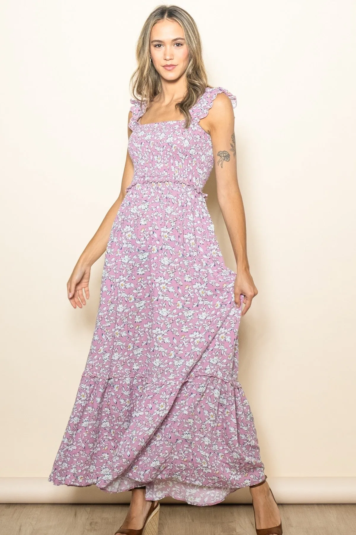 Mauve Floral Smocked Ruffle Accent Maternity Maxi Dress sold by Pinkblush product image thumbnail 5