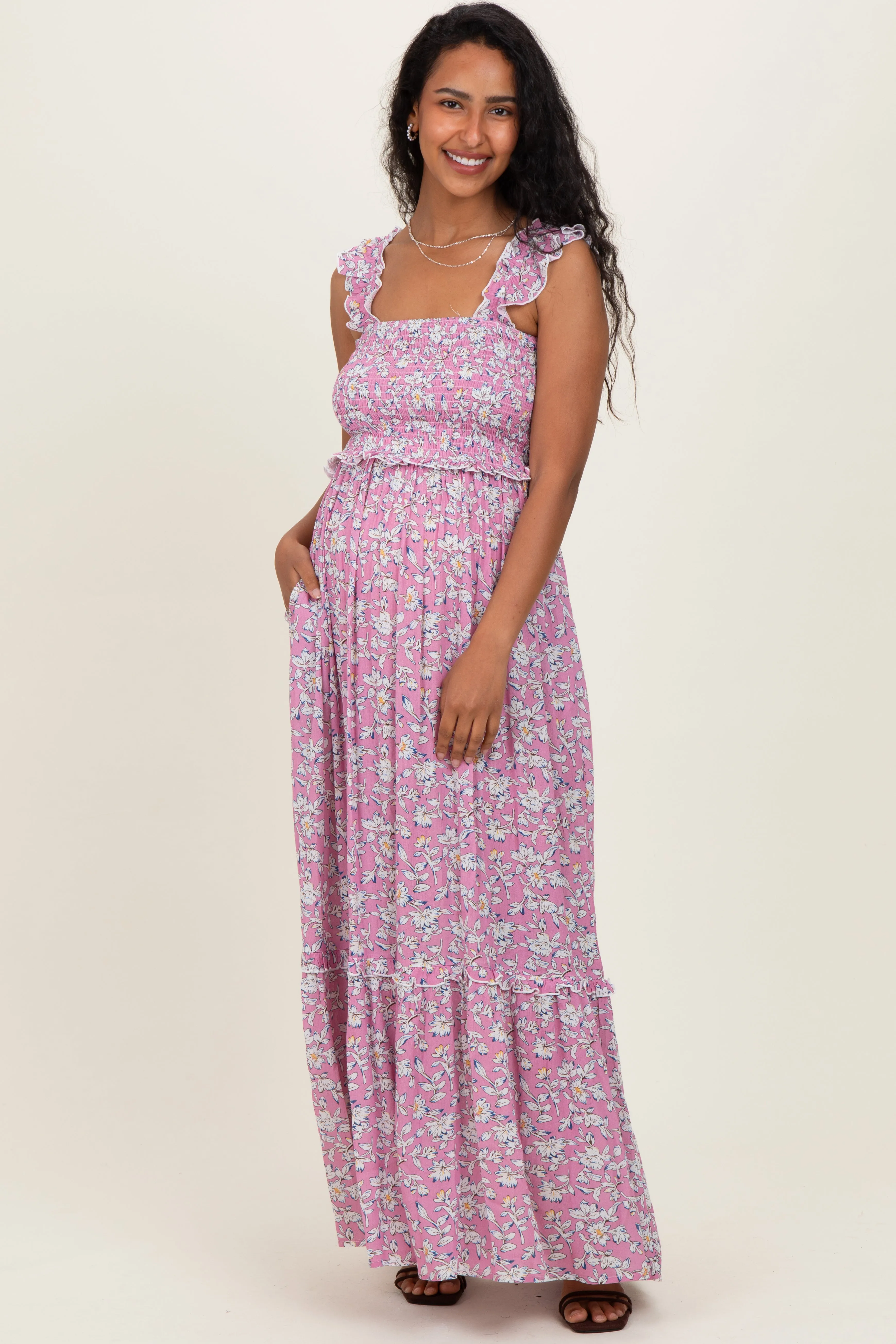 Mauve Floral Smocked Ruffle Accent Maternity Maxi Dress sold by Pinkblush product image thumbnail 2