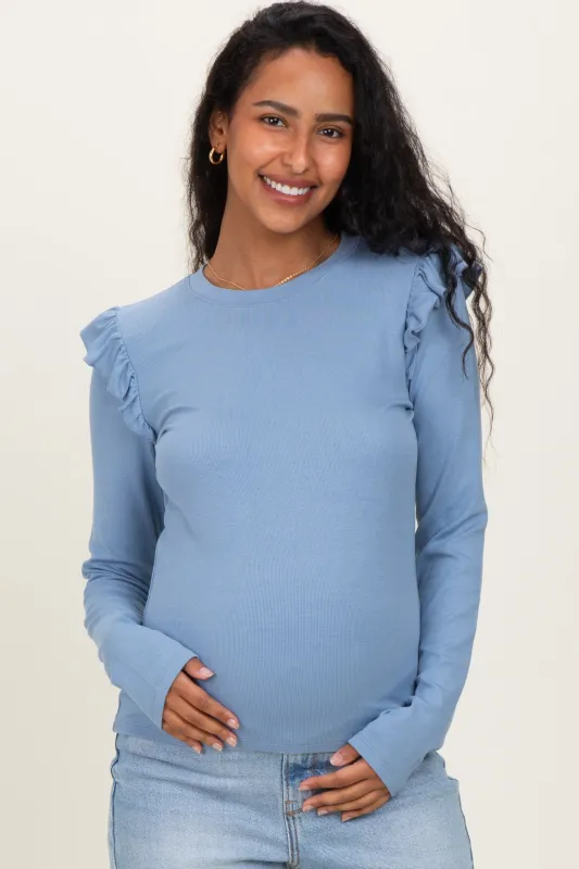 Blue Ribbed Knit Ruffle Detail Maternity Long Sleeve Top sold by Pinkblush