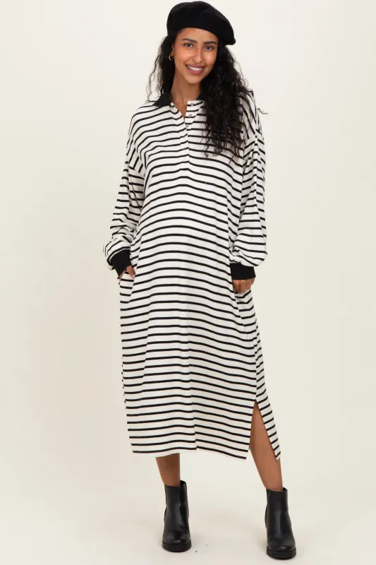 Black Stripe Snap Button Long Sleeve Maternity Midi Dress sold by Pinkblush