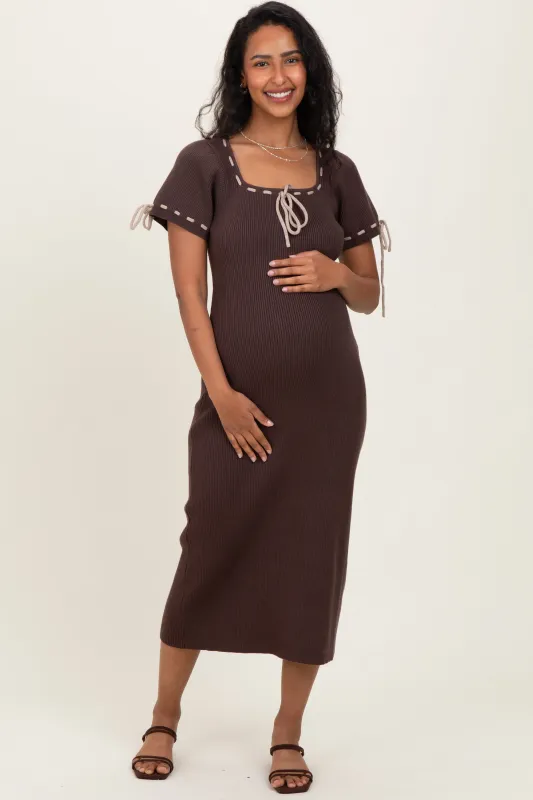 Brown Ribbed Knit Stitch Detail Maternity Midi Dress sold by Pinkblush