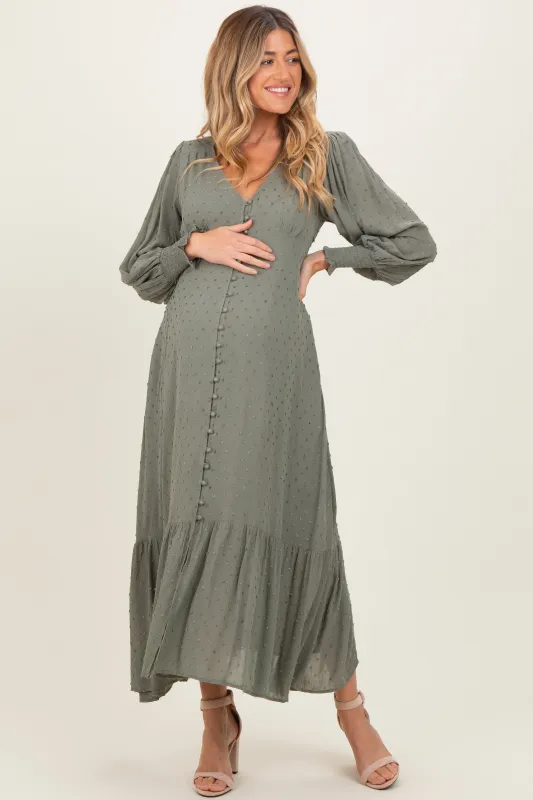 Dusty Olive Swiss Dot Button Down Maternity Maxi Dress sold by Pinkblush