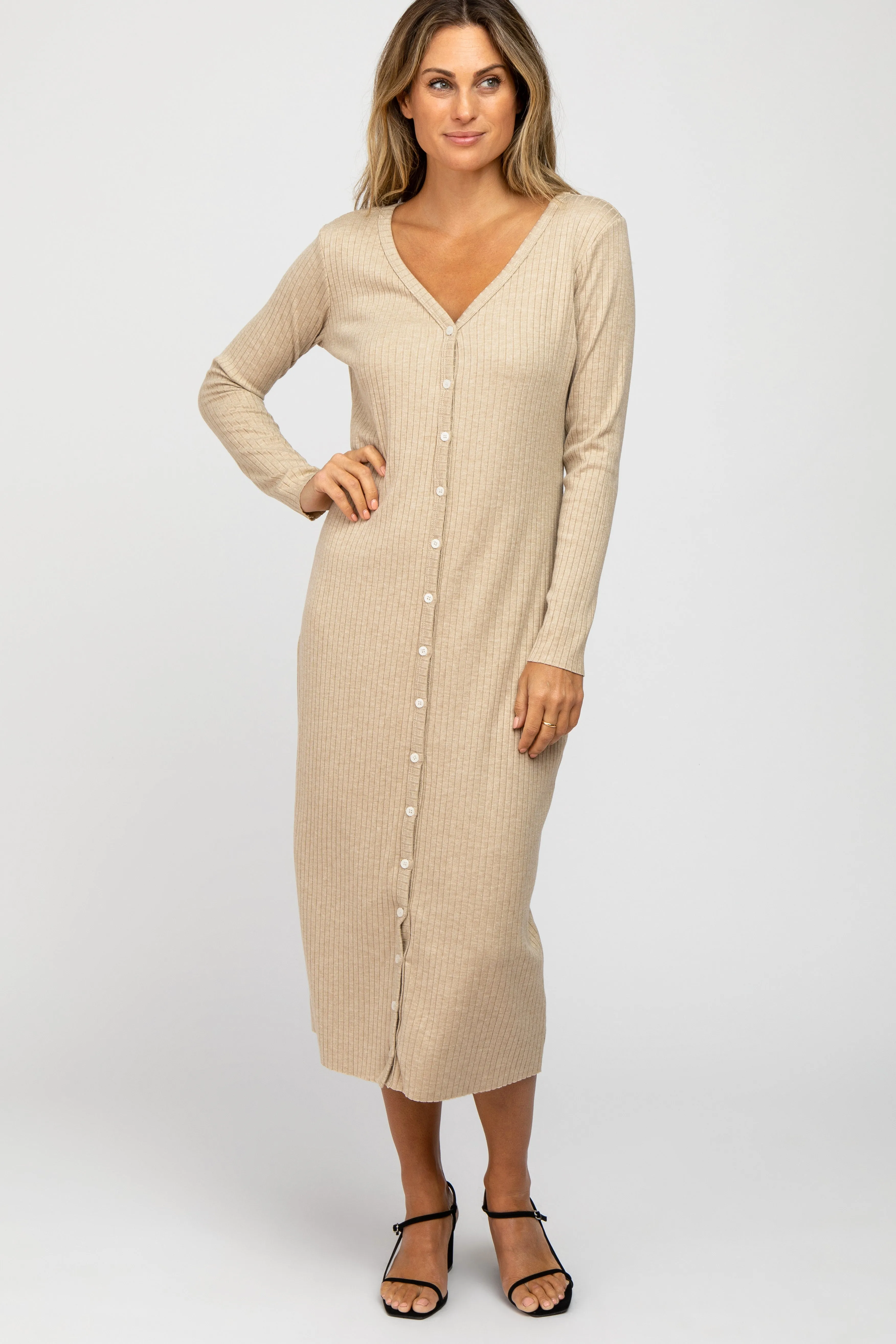 Beige Ribbed Button Front Midi Cardigan Dress sold by Pinkblush product image thumbnail 2