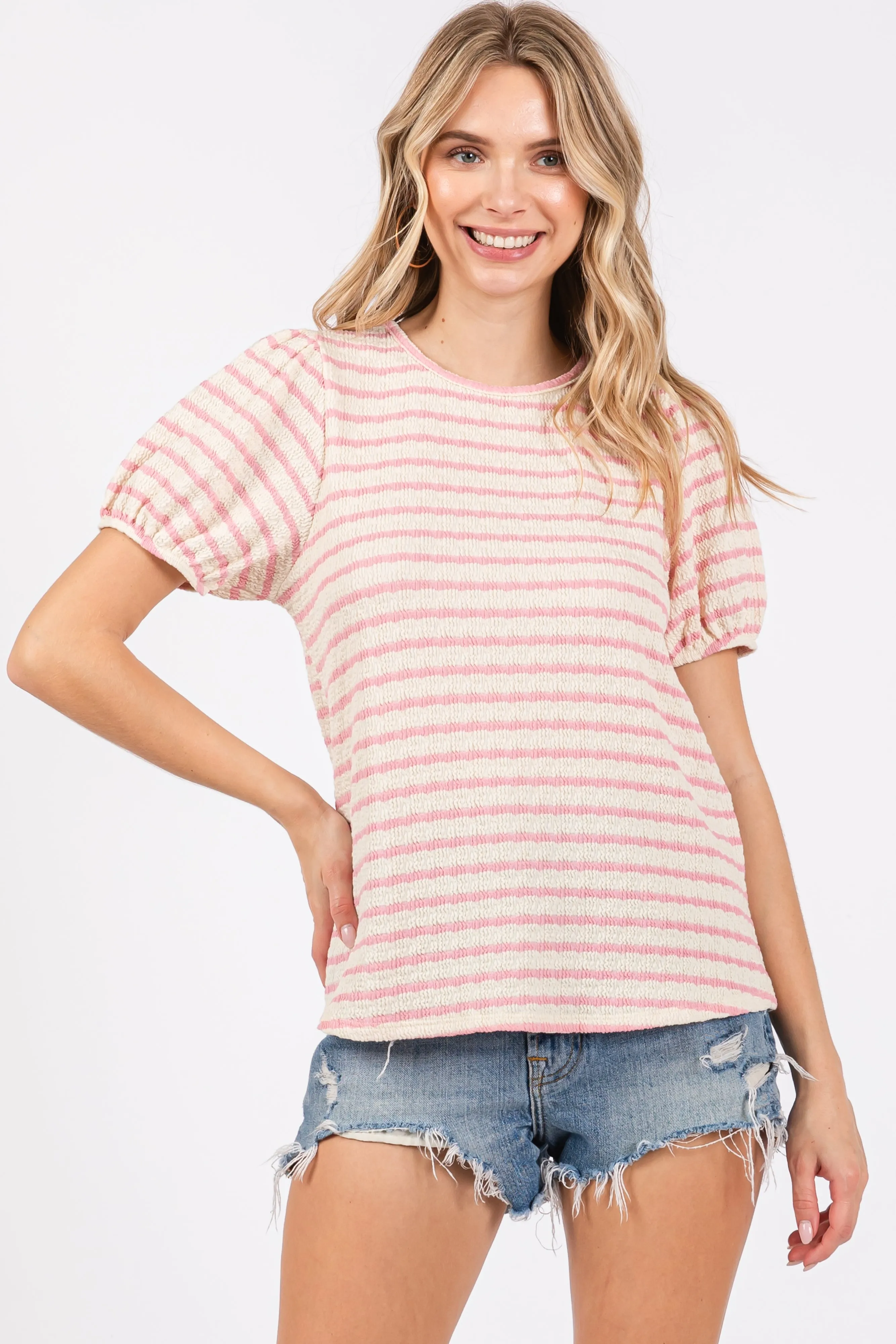 Light Pink Striped Textured Puff Sleeve Top sold by Pinkblush