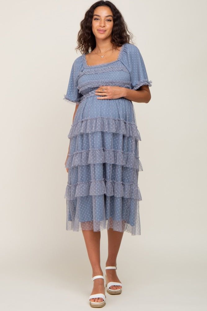 Blue Dot Smocked Ruffle Tiered Maternity Midi Dress sold by Pinkblush product image thumbnail 4
