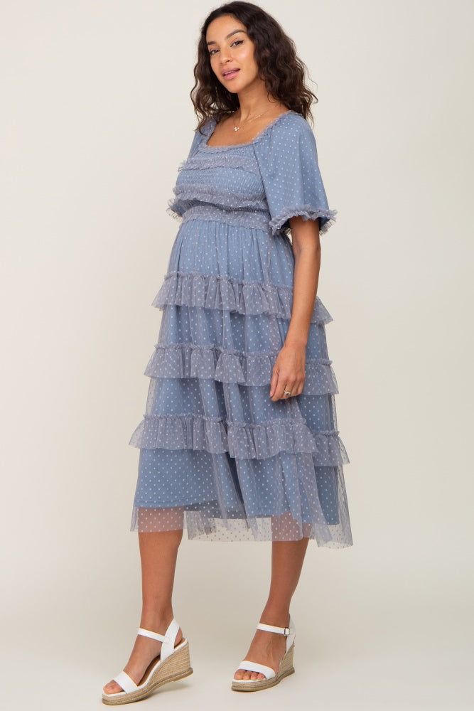 Blue Dot Smocked Ruffle Tiered Maternity Midi Dress sold by Pinkblush product image thumbnail 2