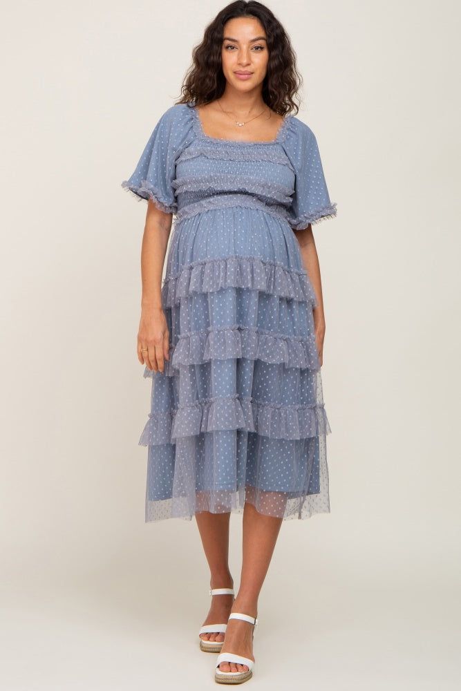 Blue Dot Smocked Ruffle Tiered Maternity Midi Dress sold by Pinkblush