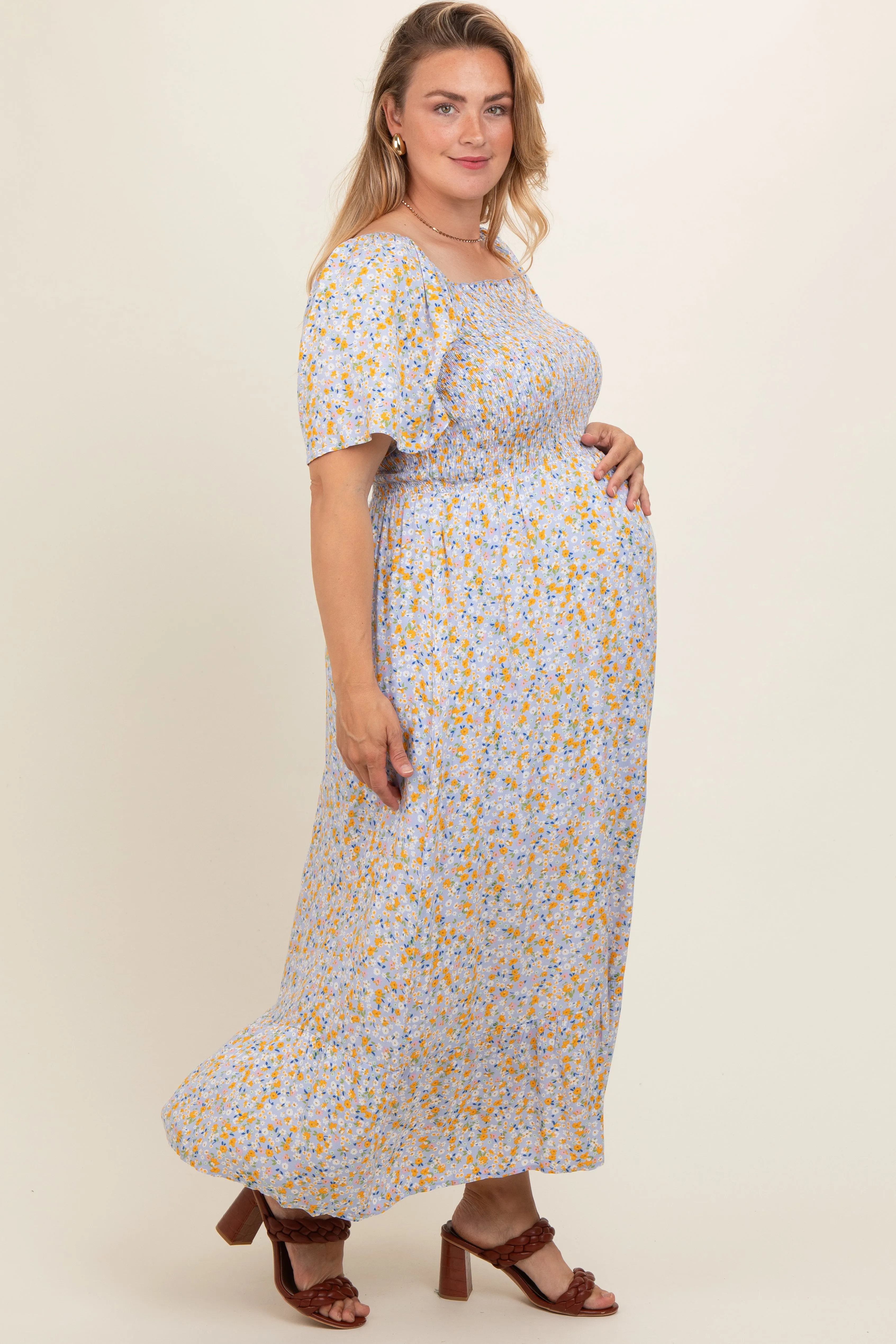 Light Blue Floral Smocked Plus Maternity Maxi Dress sold by Pinkblush product image thumbnail 3