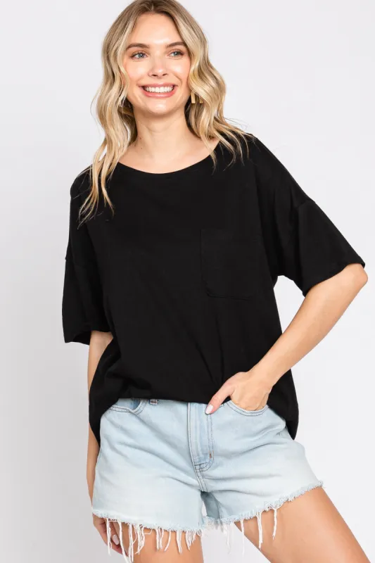 Black Short Sleeve Pocketed Top sold by Pinkblush