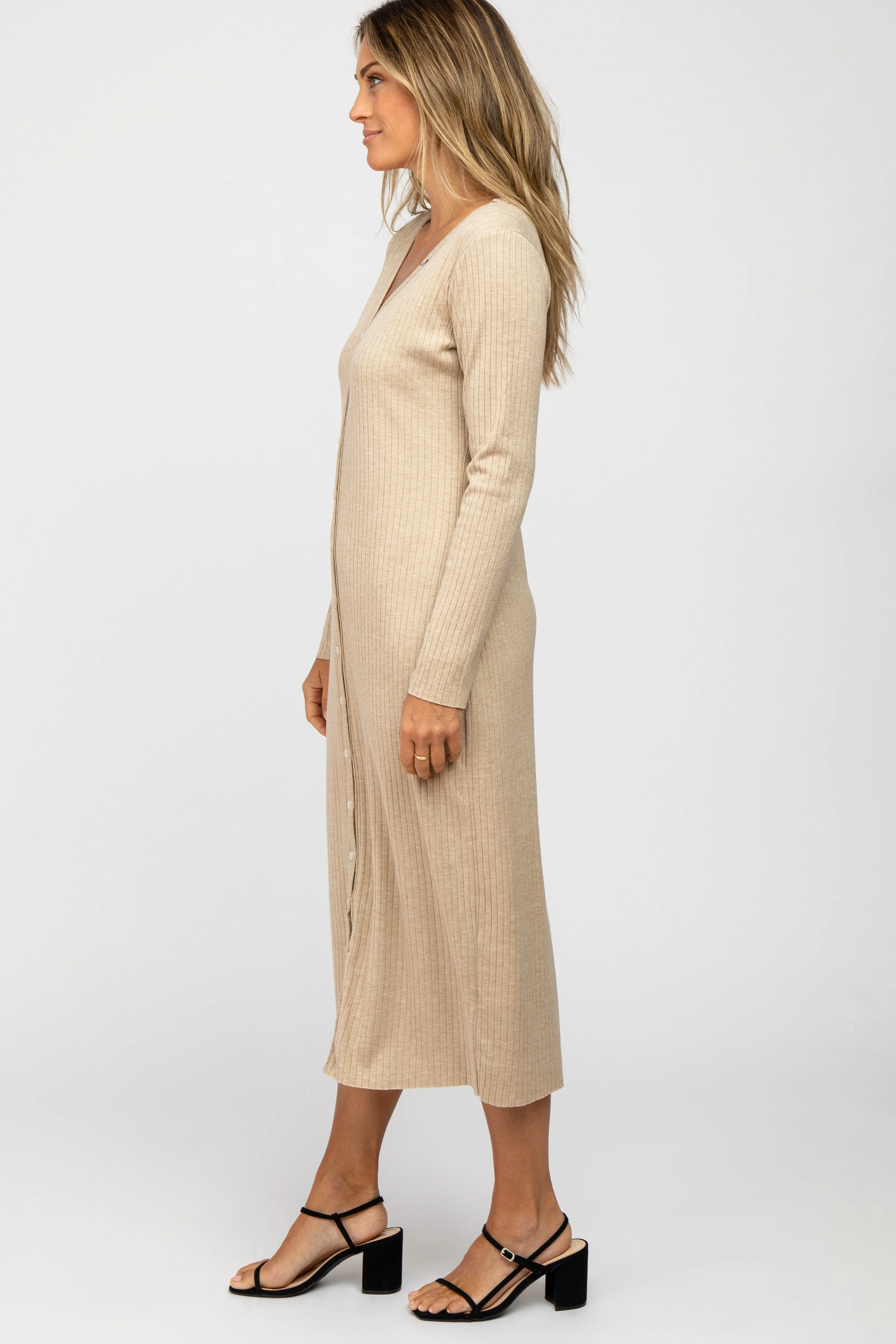Beige Ribbed Button Front Midi Cardigan Dress sold by Pinkblush product image thumbnail 3
