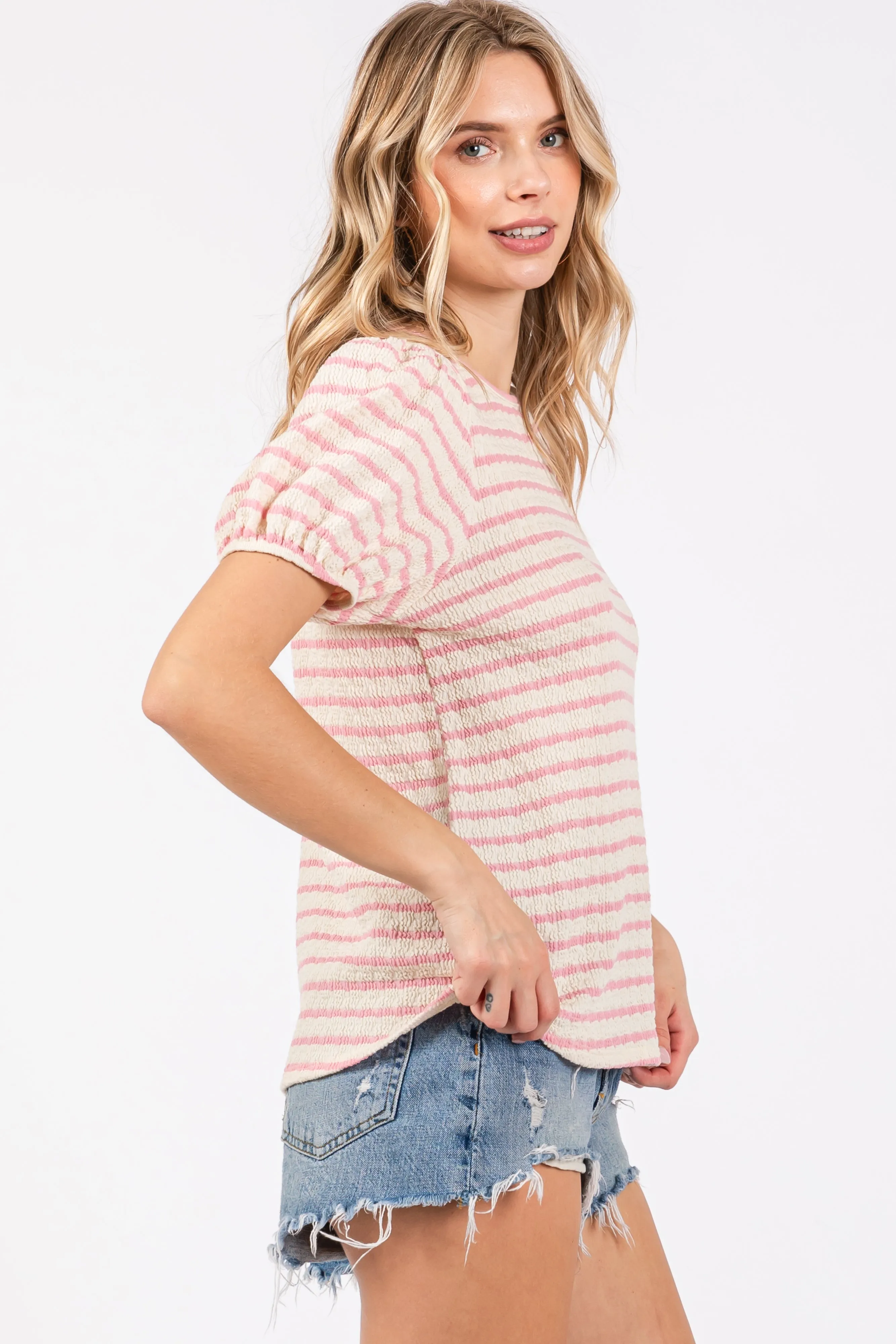 Light Pink Striped Textured Puff Sleeve Top sold by Pinkblush product image thumbnail 2
