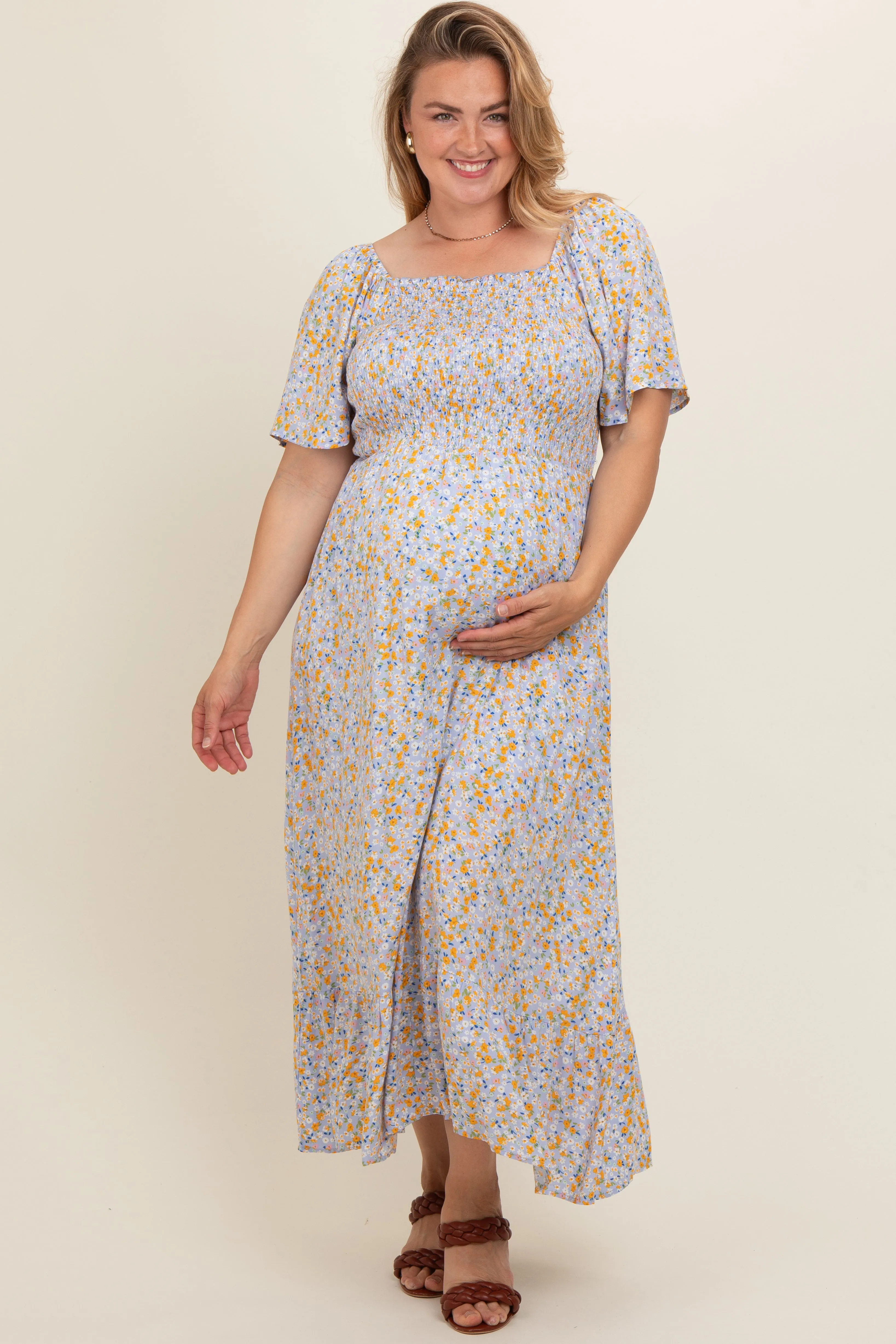 Light Blue Floral Smocked Plus Maternity Maxi Dress sold by Pinkblush