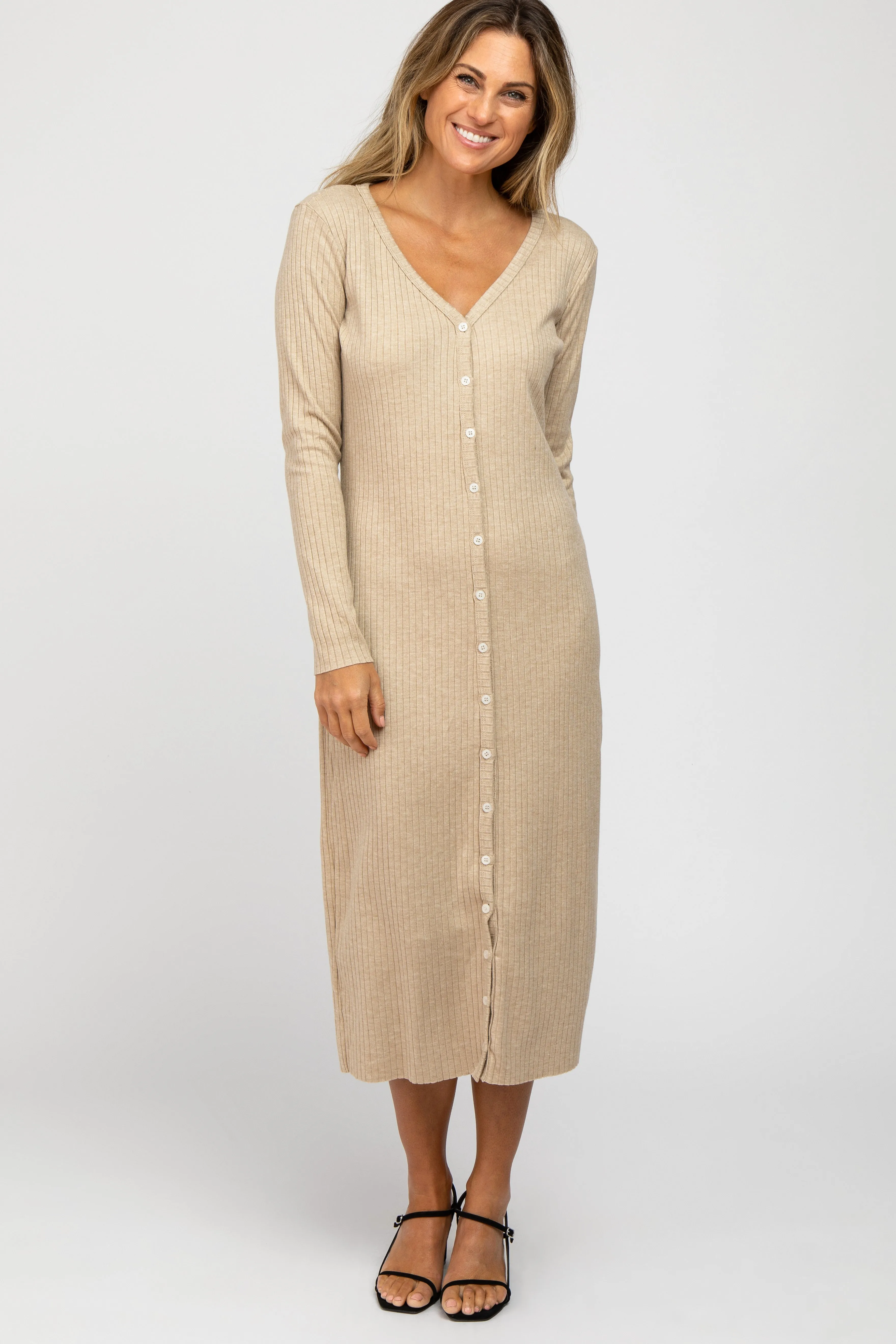 Beige Ribbed Button Front Midi Cardigan Dress sold by Pinkblush