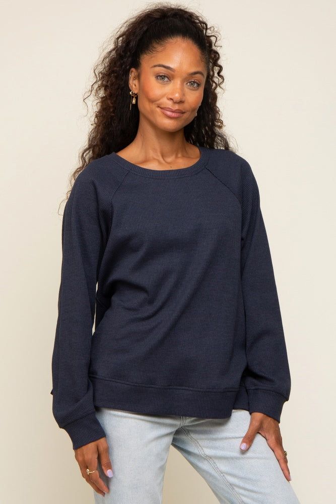 Navy Oversized Waffle Knit Long Sleeve Top sold by Pinkblush