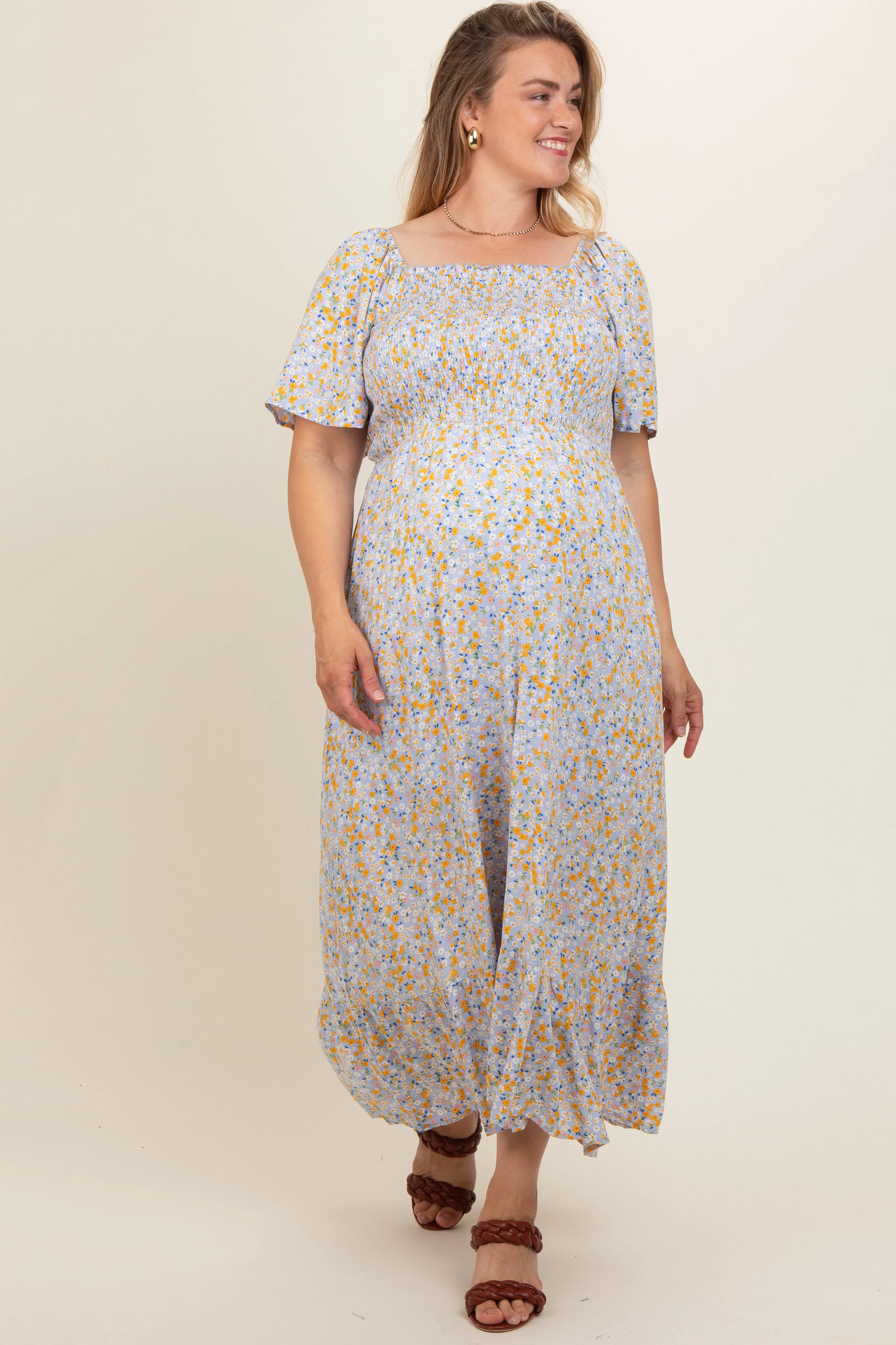 Light Blue Floral Smocked Plus Maternity Maxi Dress sold by Pinkblush product image thumbnail 2