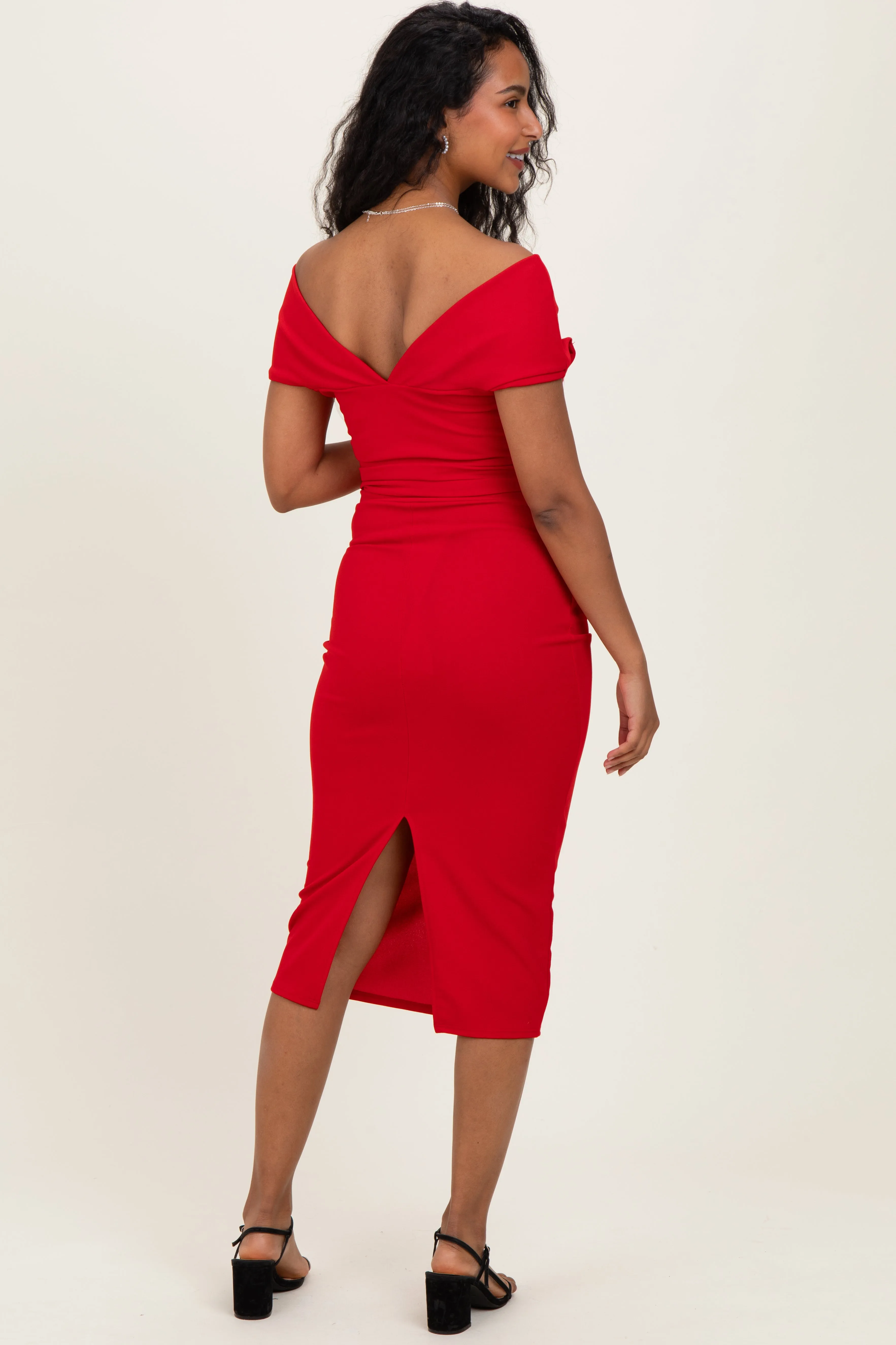 Red Off Shoulder Fitted Maternity Midi Dress sold by Pinkblush product image thumbnail 2