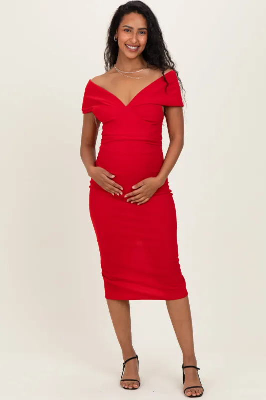 Red Off Shoulder Fitted Maternity Midi Dress sold by Pinkblush