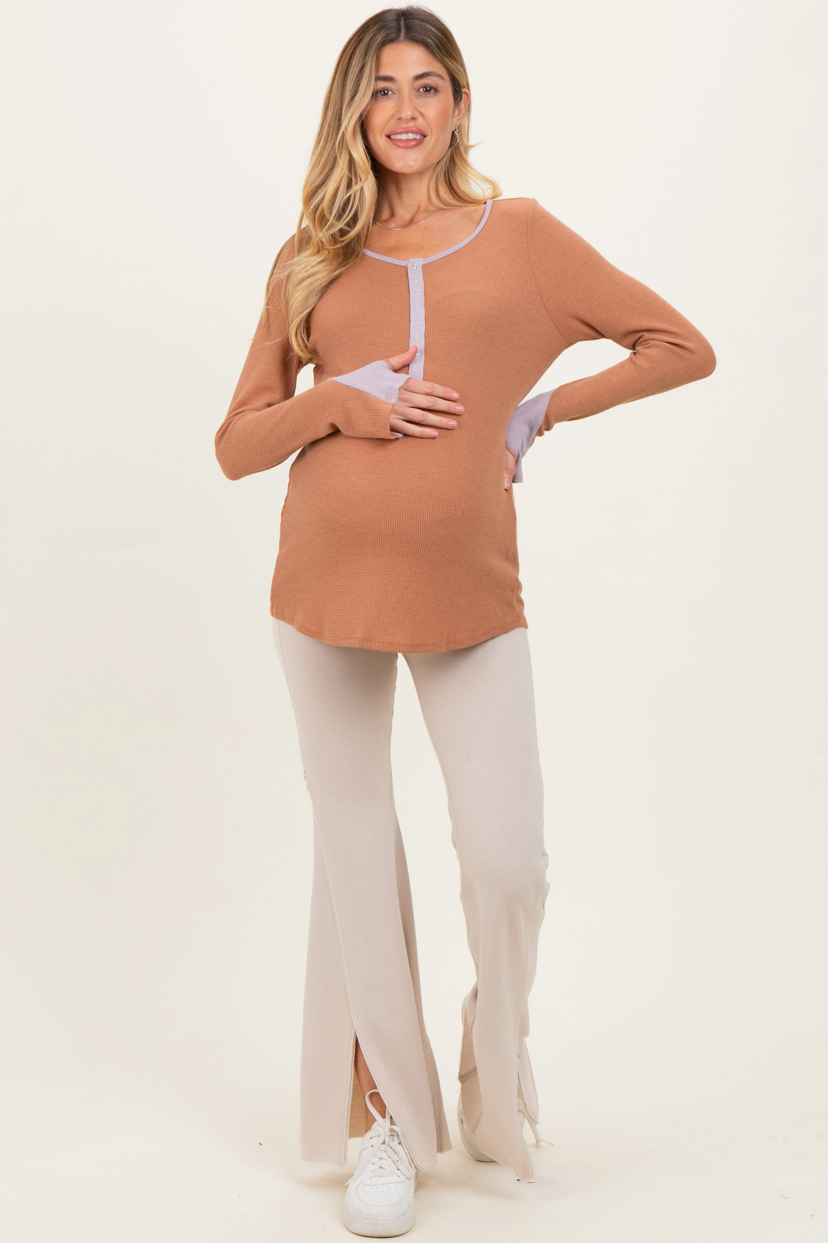 Camel Colorblock Snap Button Maternity Henley sold by Pinkblush product image thumbnail 2