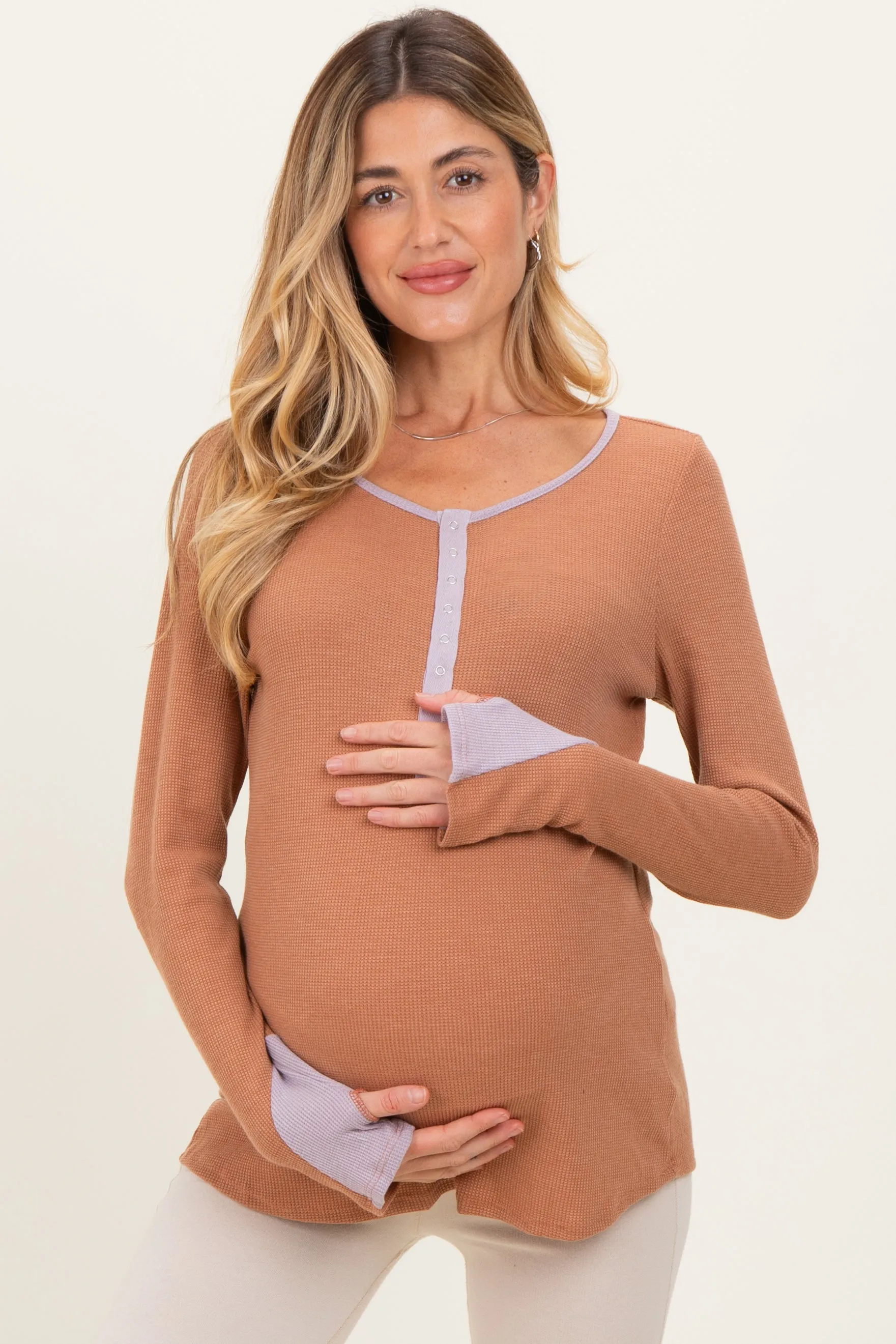 Camel Colorblock Snap Button Maternity Henley sold by Pinkblush