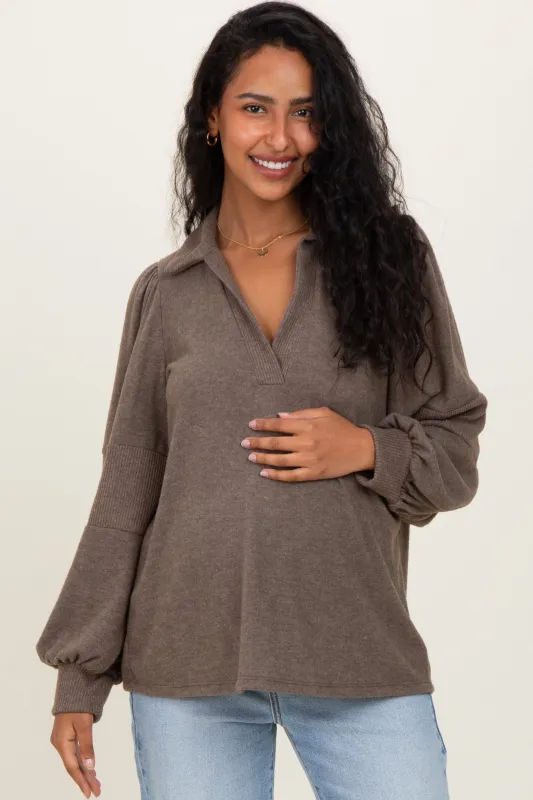 Brown Brushed Colorblock Long Sleeve Collared V-Neck Maternity Top sold by Pinkblush