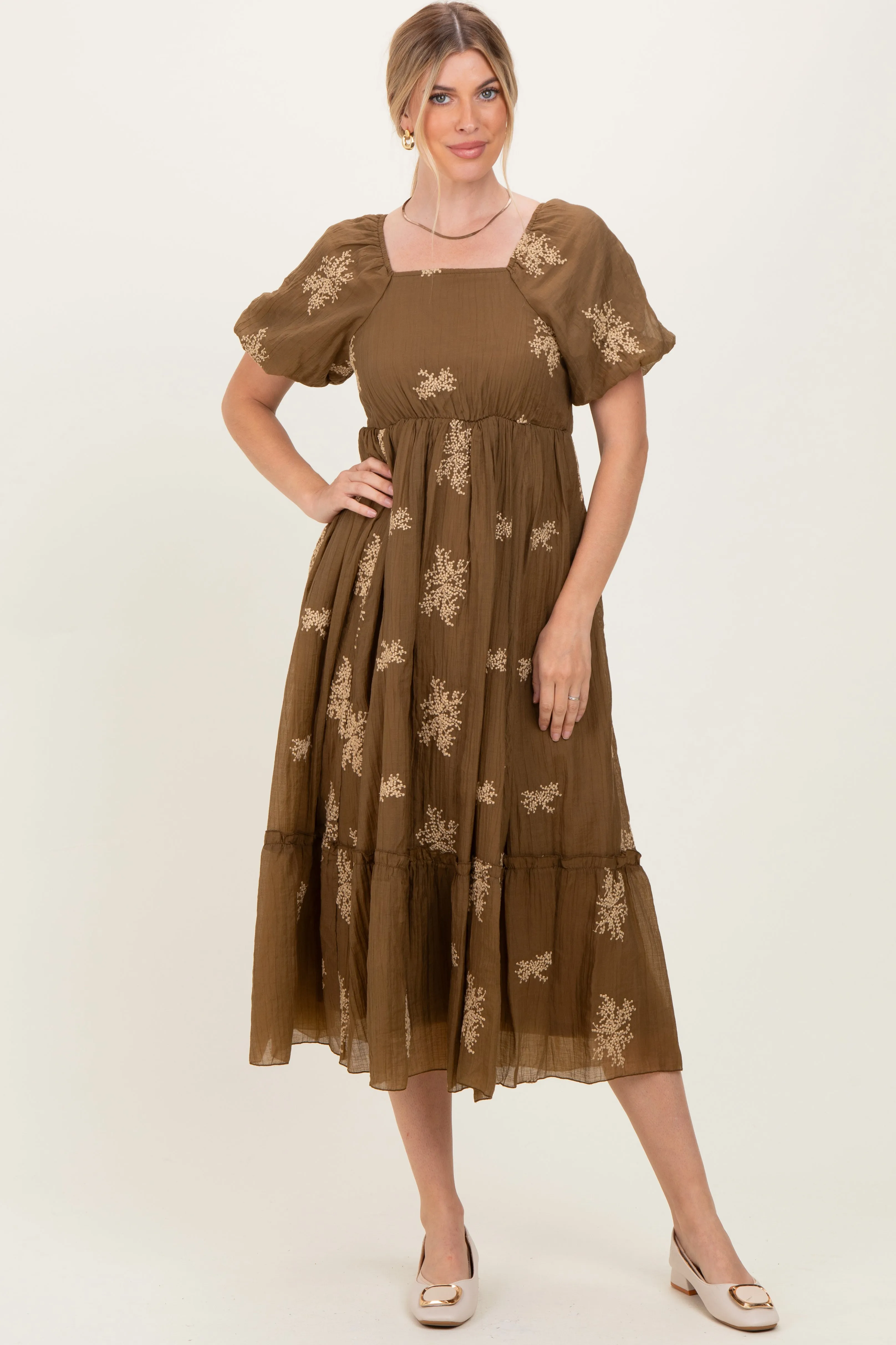 Mocha Floral Embroidered Puff Sleeve Maternity Midi Dress sold by Pinkblush product image thumbnail 5