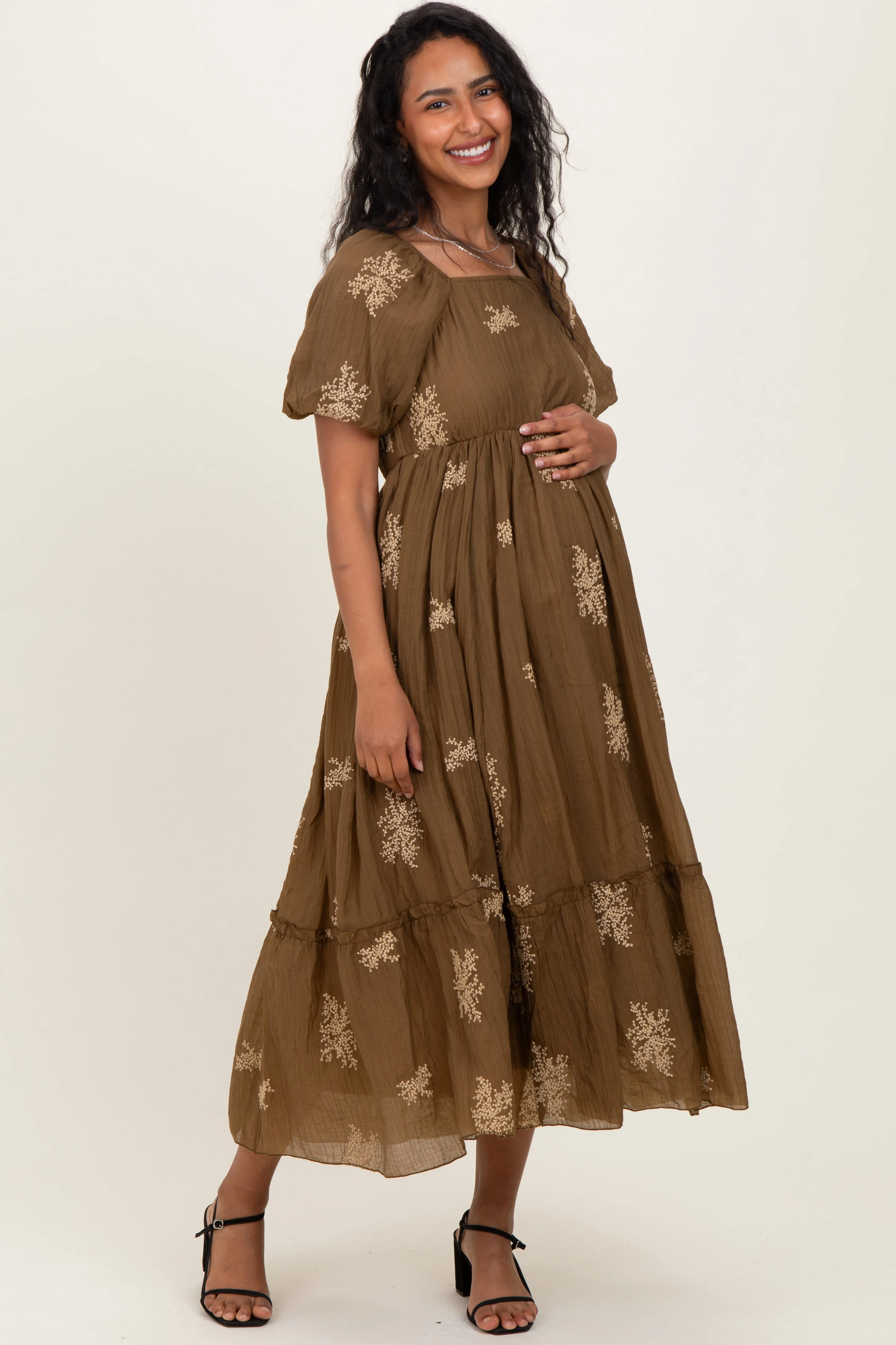 Mocha Floral Embroidered Puff Sleeve Maternity Midi Dress sold by Pinkblush product image thumbnail 2