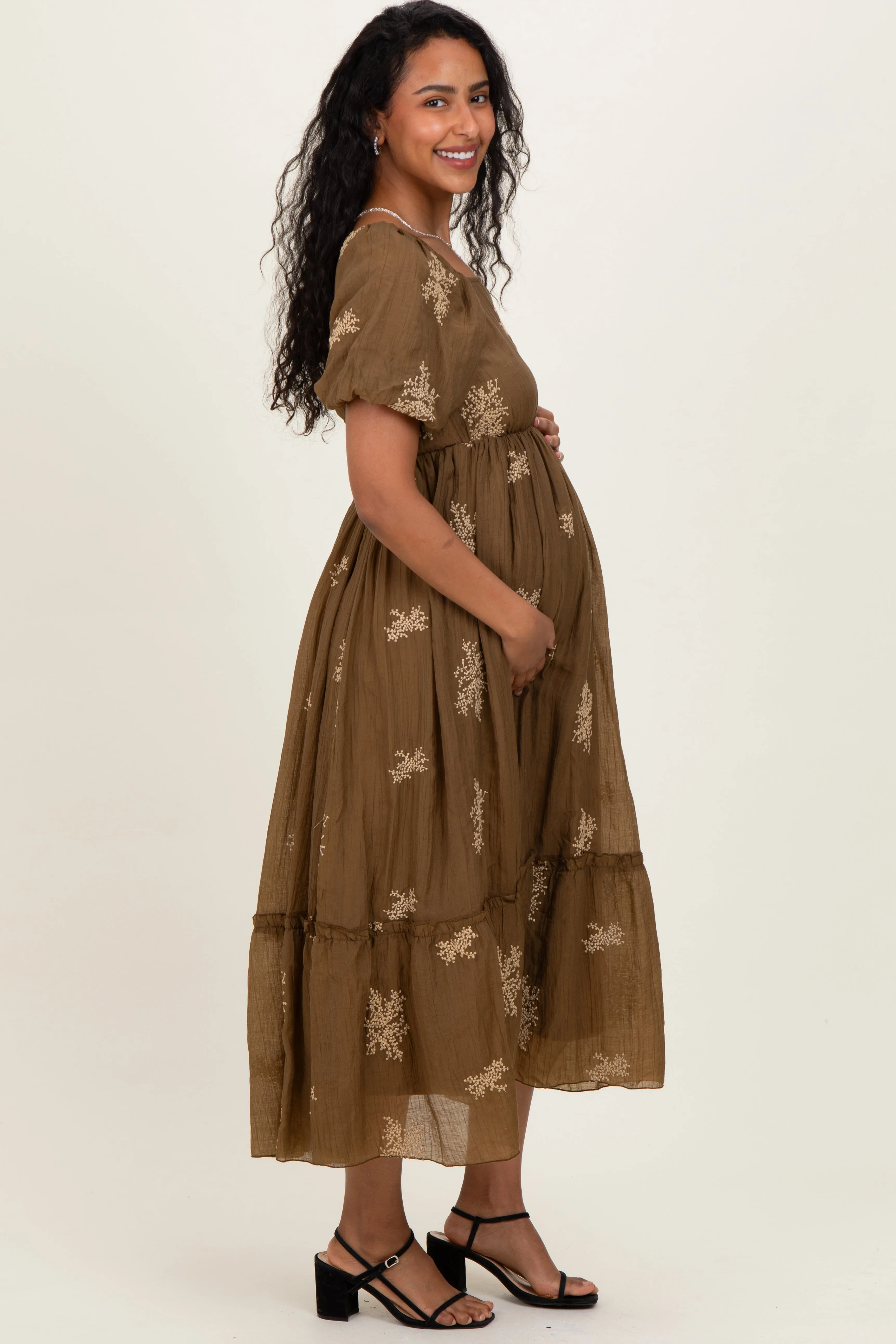Mocha Floral Embroidered Puff Sleeve Maternity Midi Dress sold by Pinkblush product image thumbnail 3