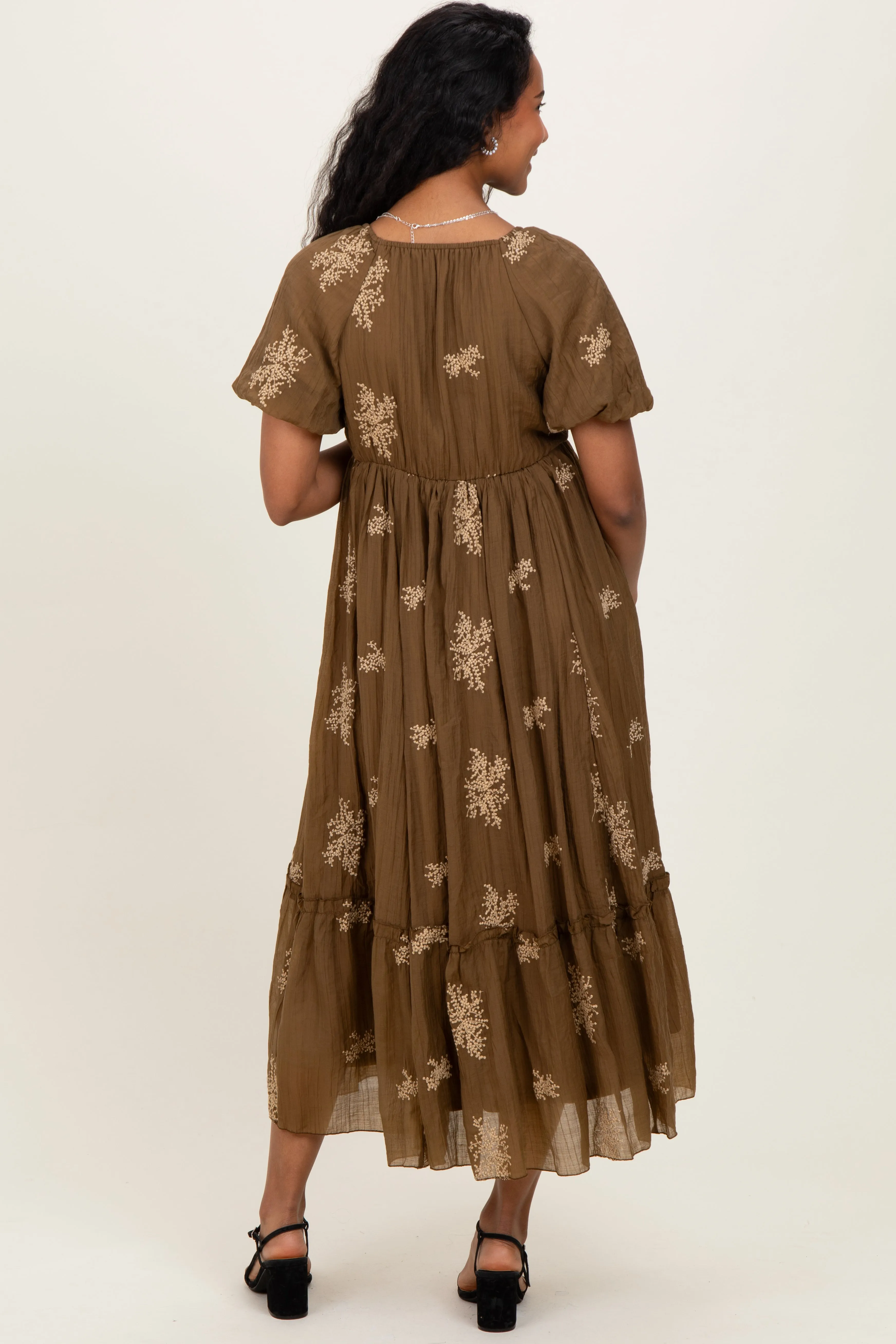 Mocha Floral Embroidered Puff Sleeve Maternity Midi Dress sold by Pinkblush product image thumbnail 4