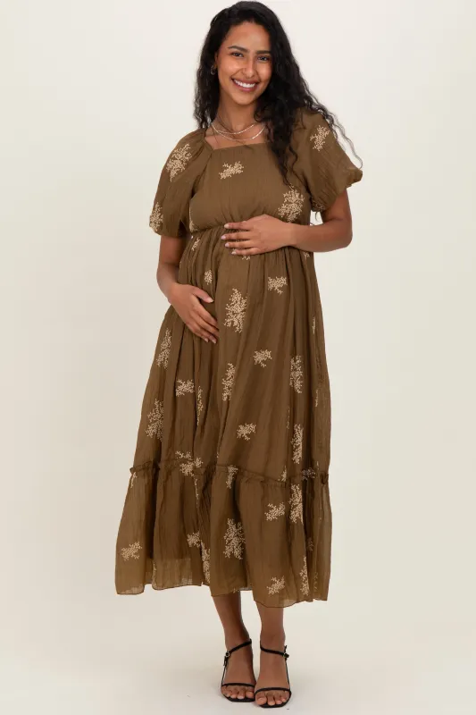 Mocha Floral Embroidered Puff Sleeve Maternity Midi Dress sold by Pinkblush