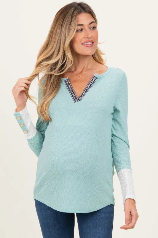 Mint Green Waffle Knit Colorblock Maternity Long Sleeve Top sold by Pinkblush