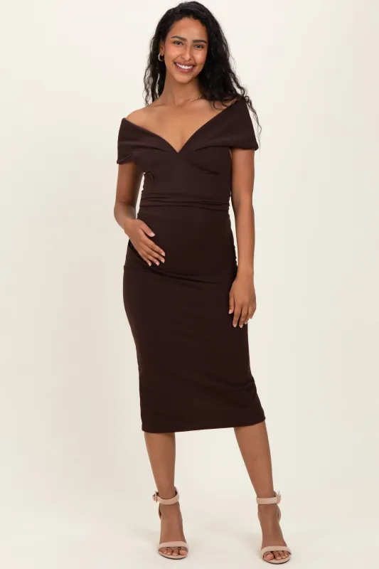 Brown Off Shoulder Fitted Maternity Midi Dress sold by Pinkblush