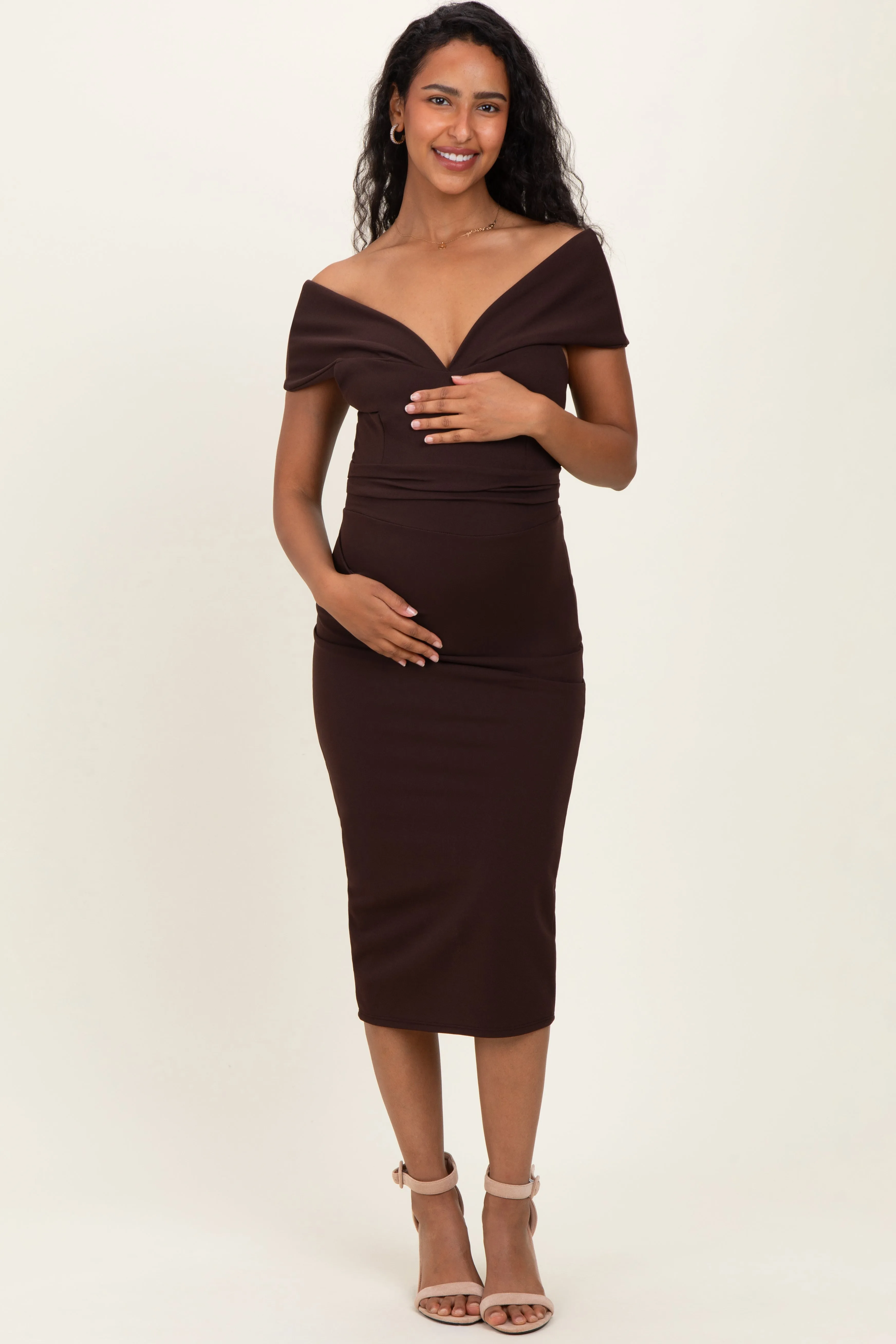 Brown Off Shoulder Fitted Maternity Midi Dress sold by Pinkblush product image thumbnail 2