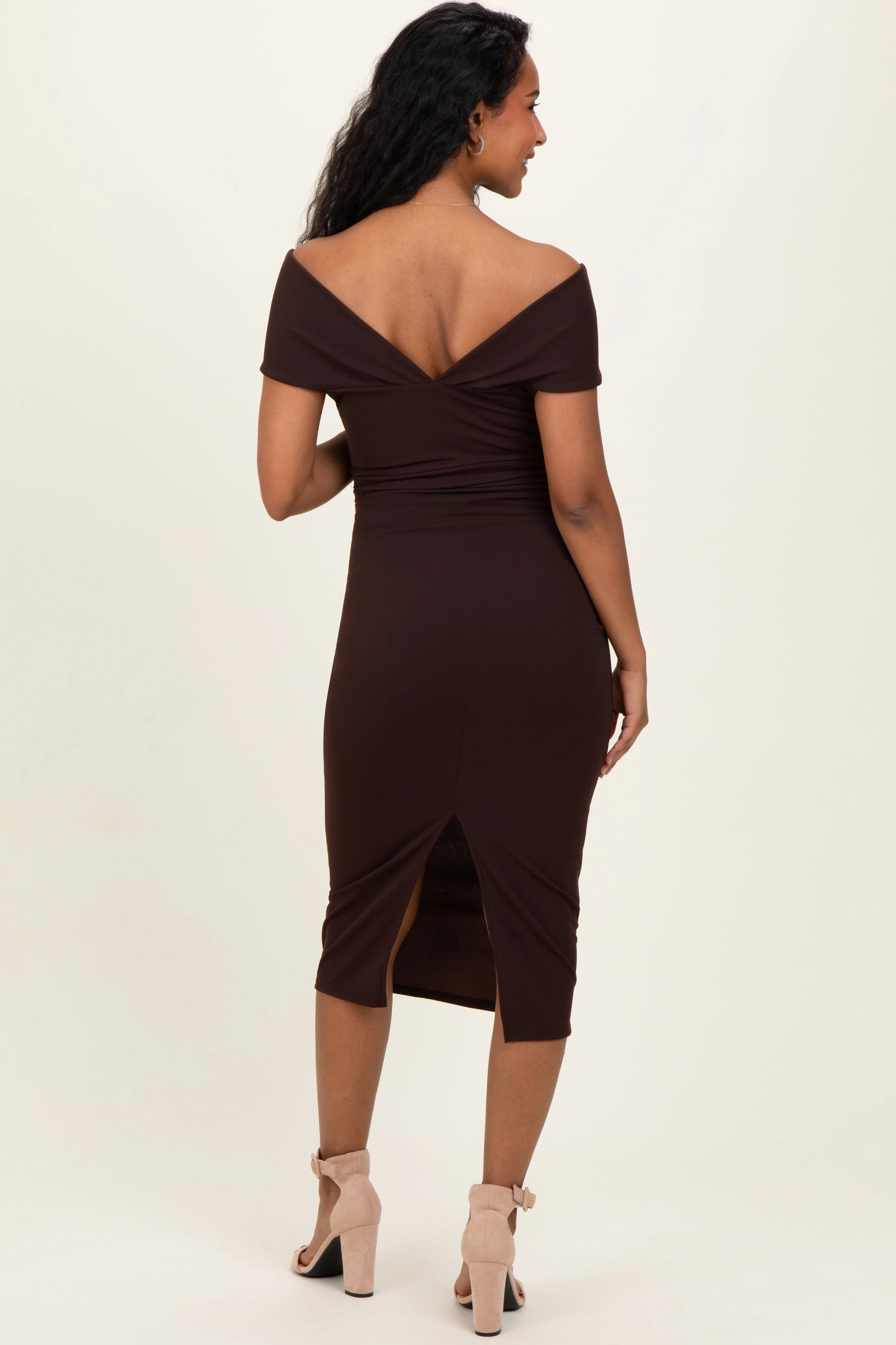 Brown Off Shoulder Fitted Maternity Midi Dress sold by Pinkblush product image thumbnail 3