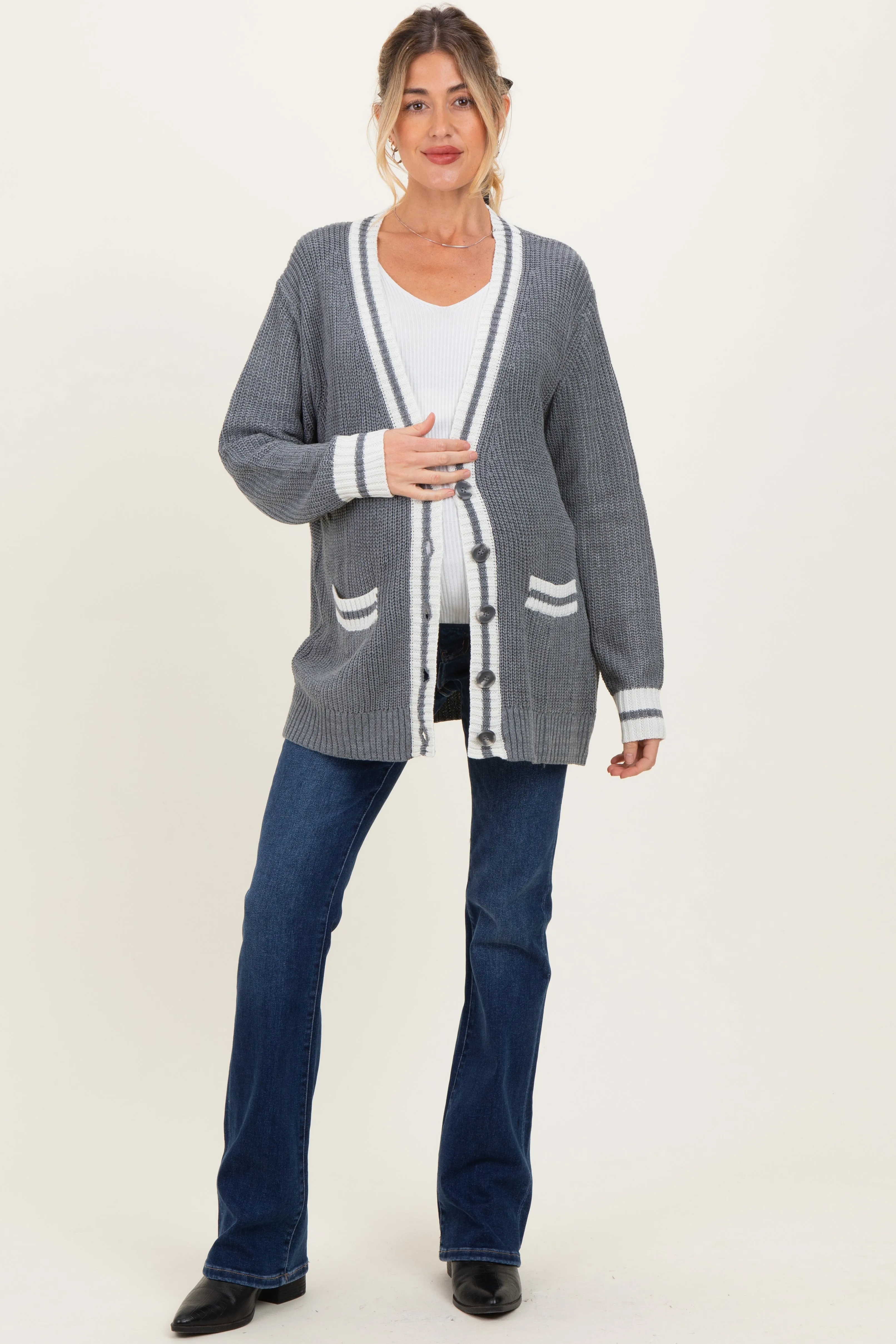 Grey Oversized Contrast Stripe Maternity Button Cardigan sold by Pinkblush product image thumbnail 2