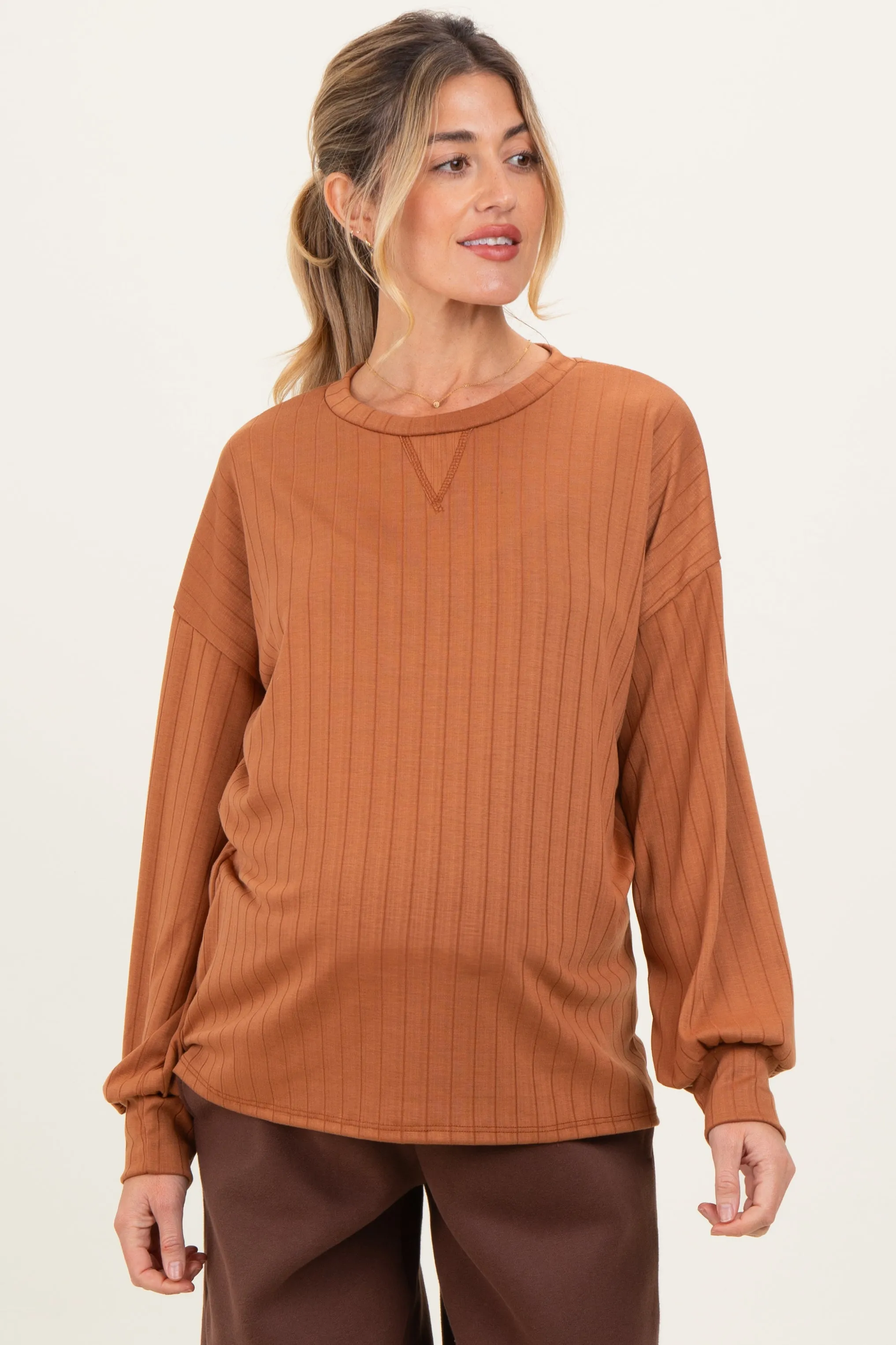 Camel Ribbed Knit Bubble Sleeve Maternity Pullover Top sold by Pinkblush
