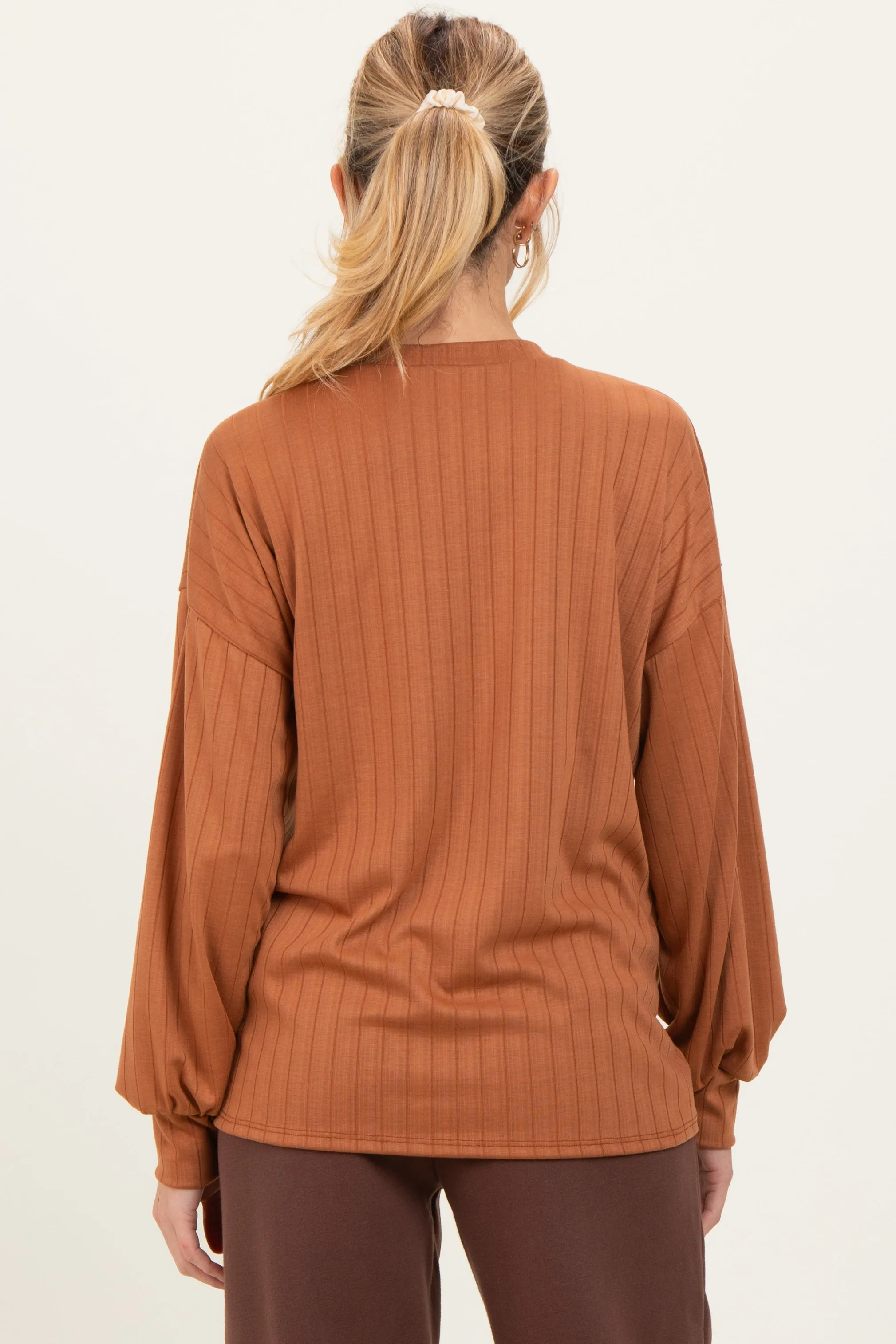 Camel Ribbed Knit Bubble Sleeve Maternity Pullover Top sold by Pinkblush product image thumbnail 2