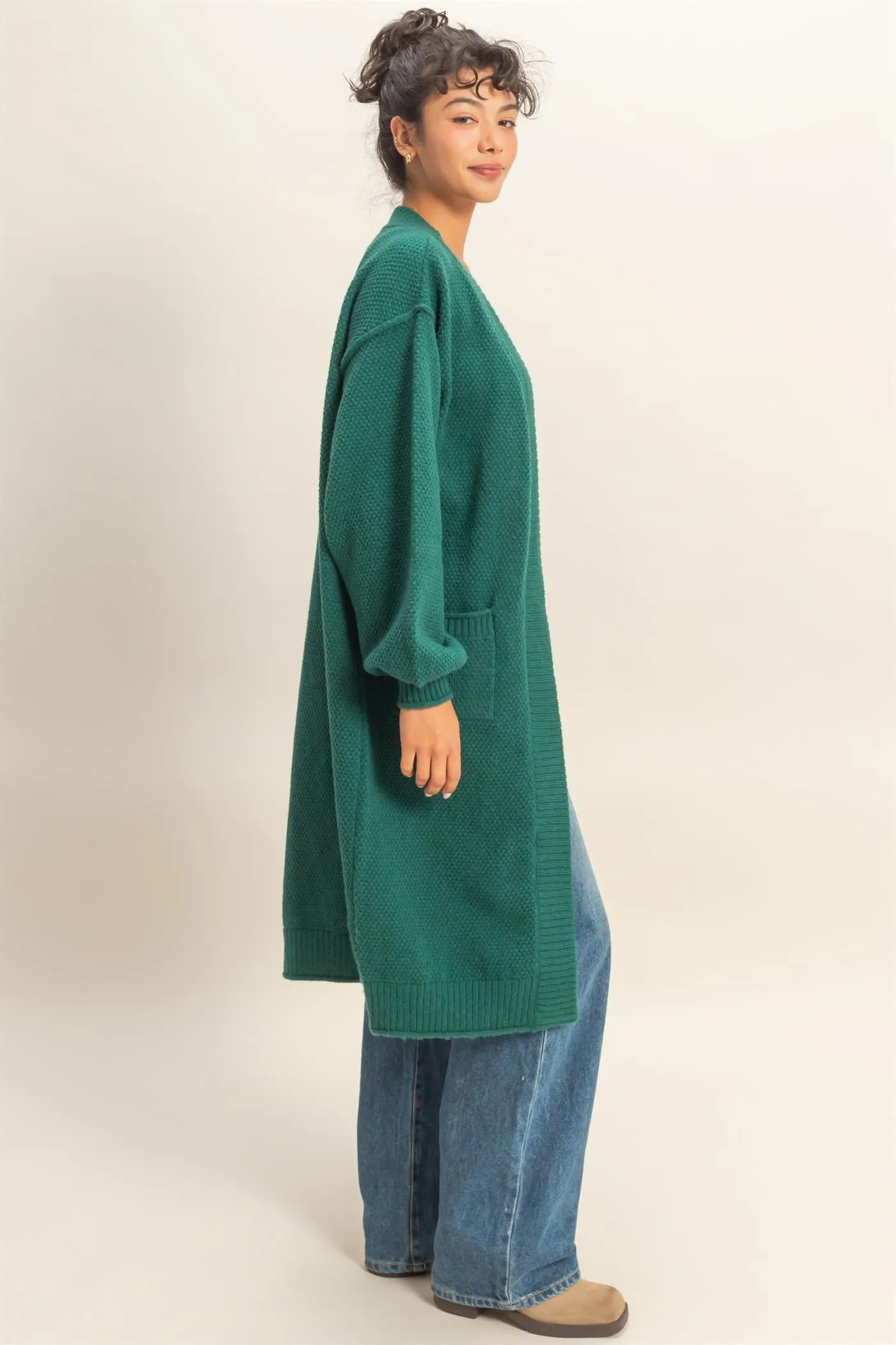 Forest Green Oversized Waffle Knit Long Cardigan sold by Pinkblush product image thumbnail 2