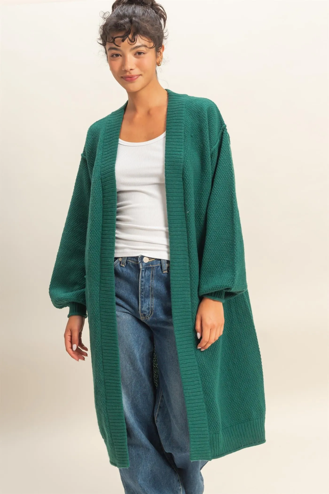 Forest Green Oversized Waffle Knit Long Cardigan sold by Pinkblush product image thumbnail 4