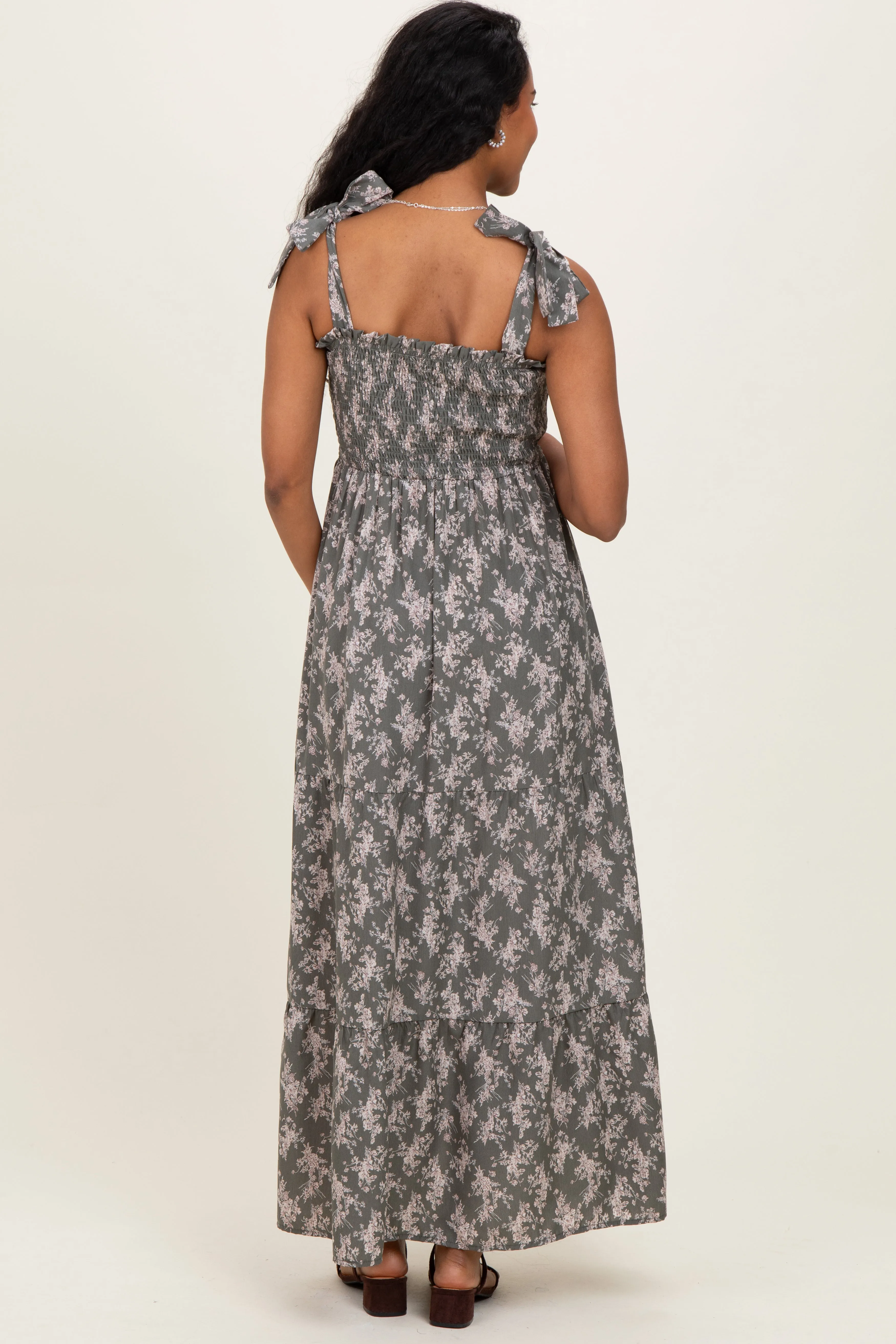 Light Olive Floral Shoulder Tie Maternity Maxi Dress sold by Pinkblush product image thumbnail 4