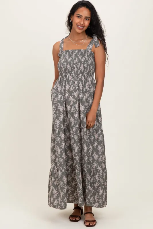 Light Olive Floral Shoulder Tie Maternity Maxi Dress sold by Pinkblush