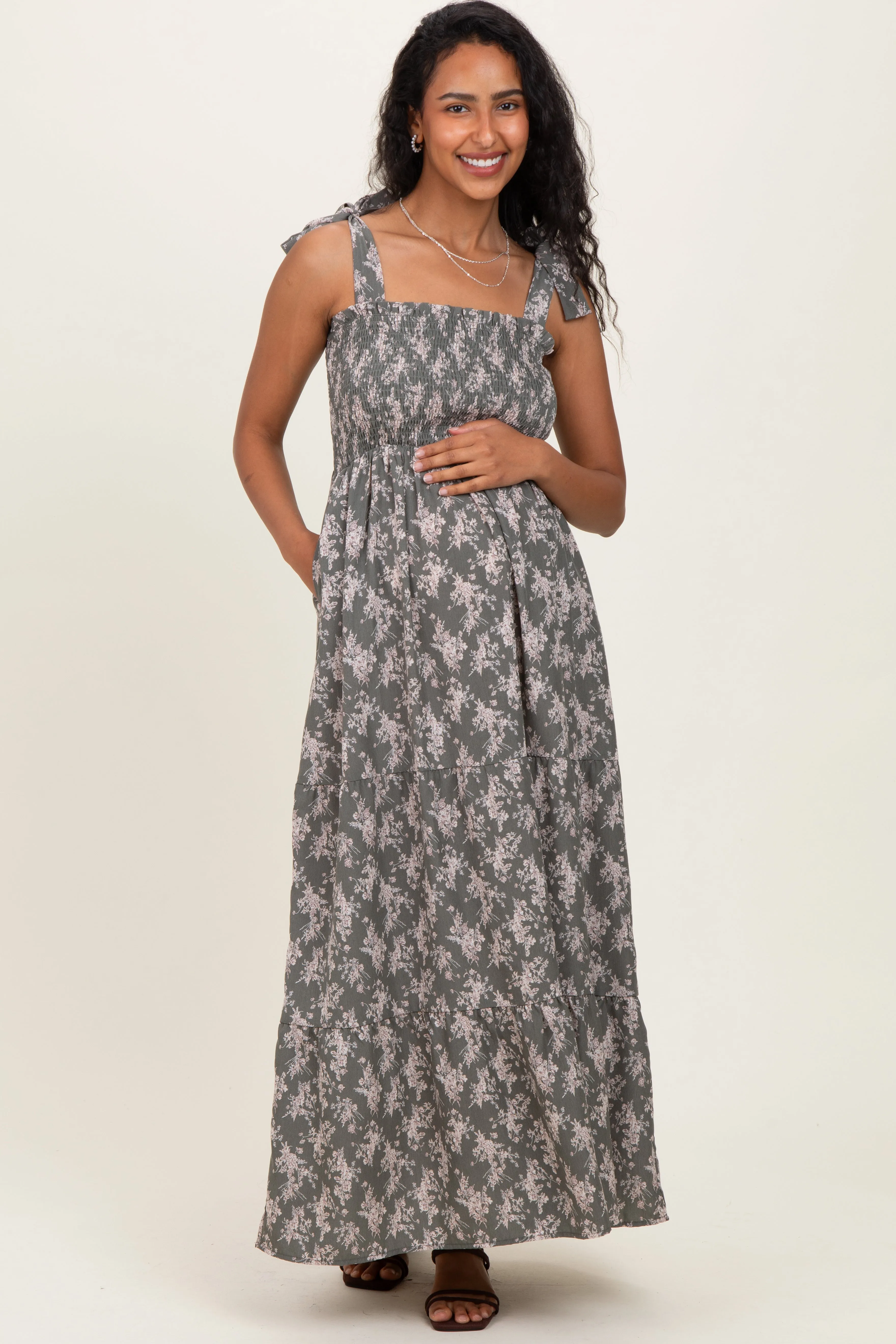 Light Olive Floral Shoulder Tie Maternity Maxi Dress sold by Pinkblush product image thumbnail 2